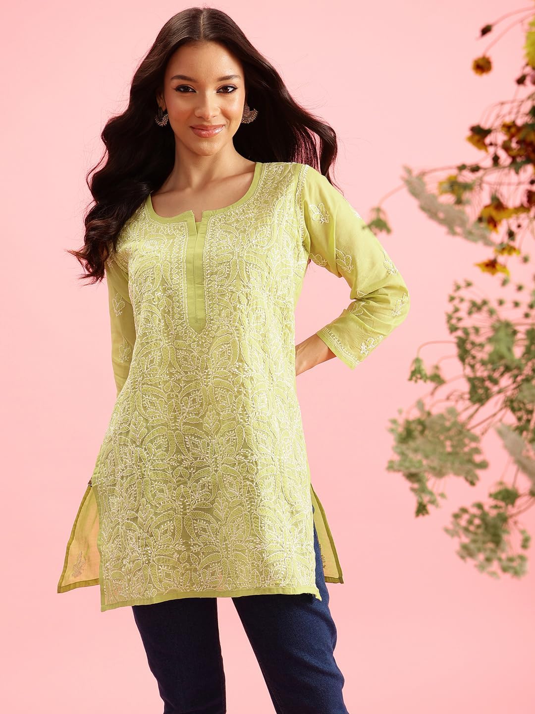 Ada Hand Embroidered Indian Chikankari Cotton Blend Tunic Short Kurti Top for Women A911280 - Image 6