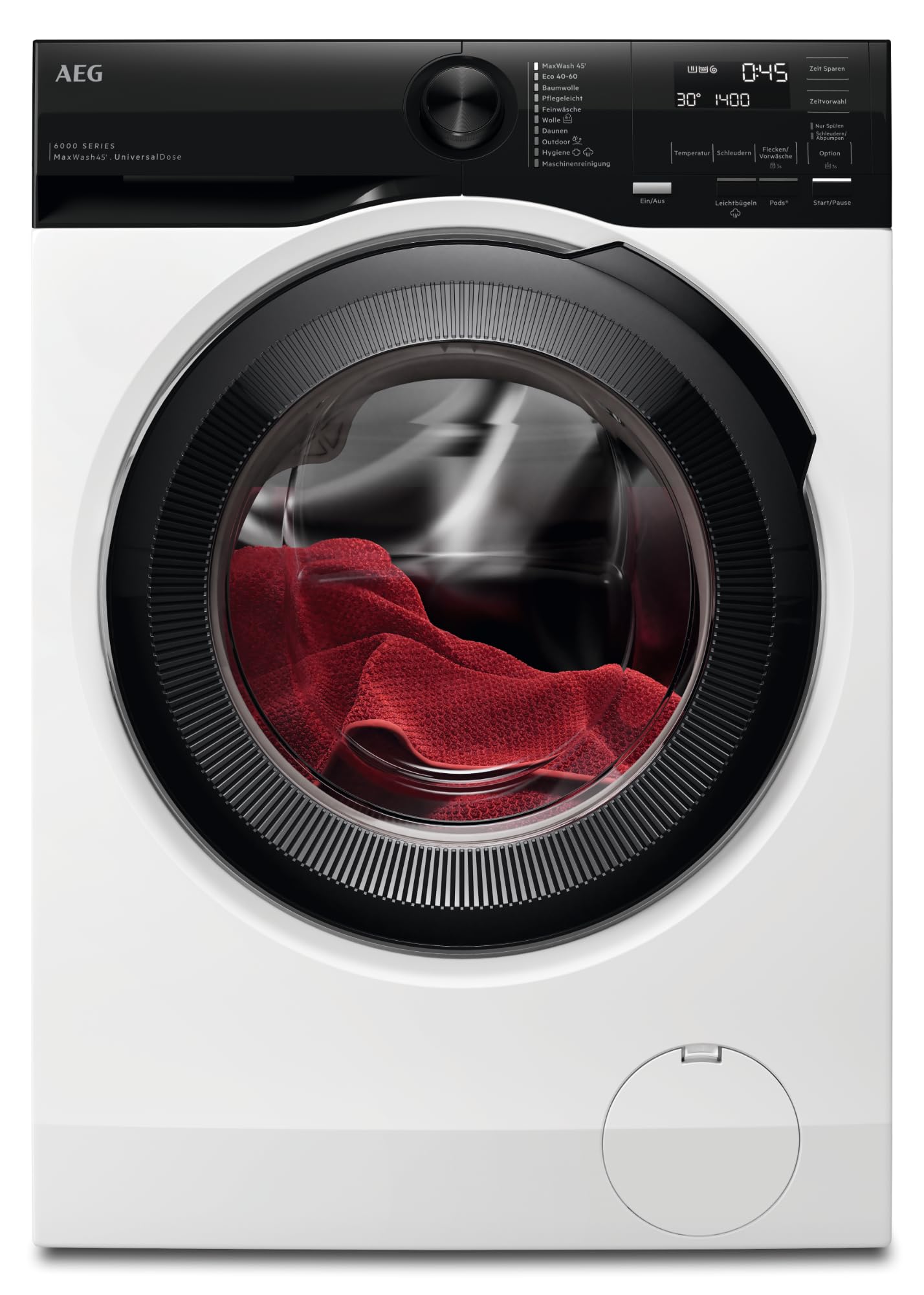 AEG Waschmaschine 9 kg, Serie 6000 mit KI WashAssist für Anpassung von Wasser, Energie und Zeitverbrauch, UniversalDose für PODS, Startzeitvorwahl, Nachlegefunktion, 1400 U/min, LR6A6E490