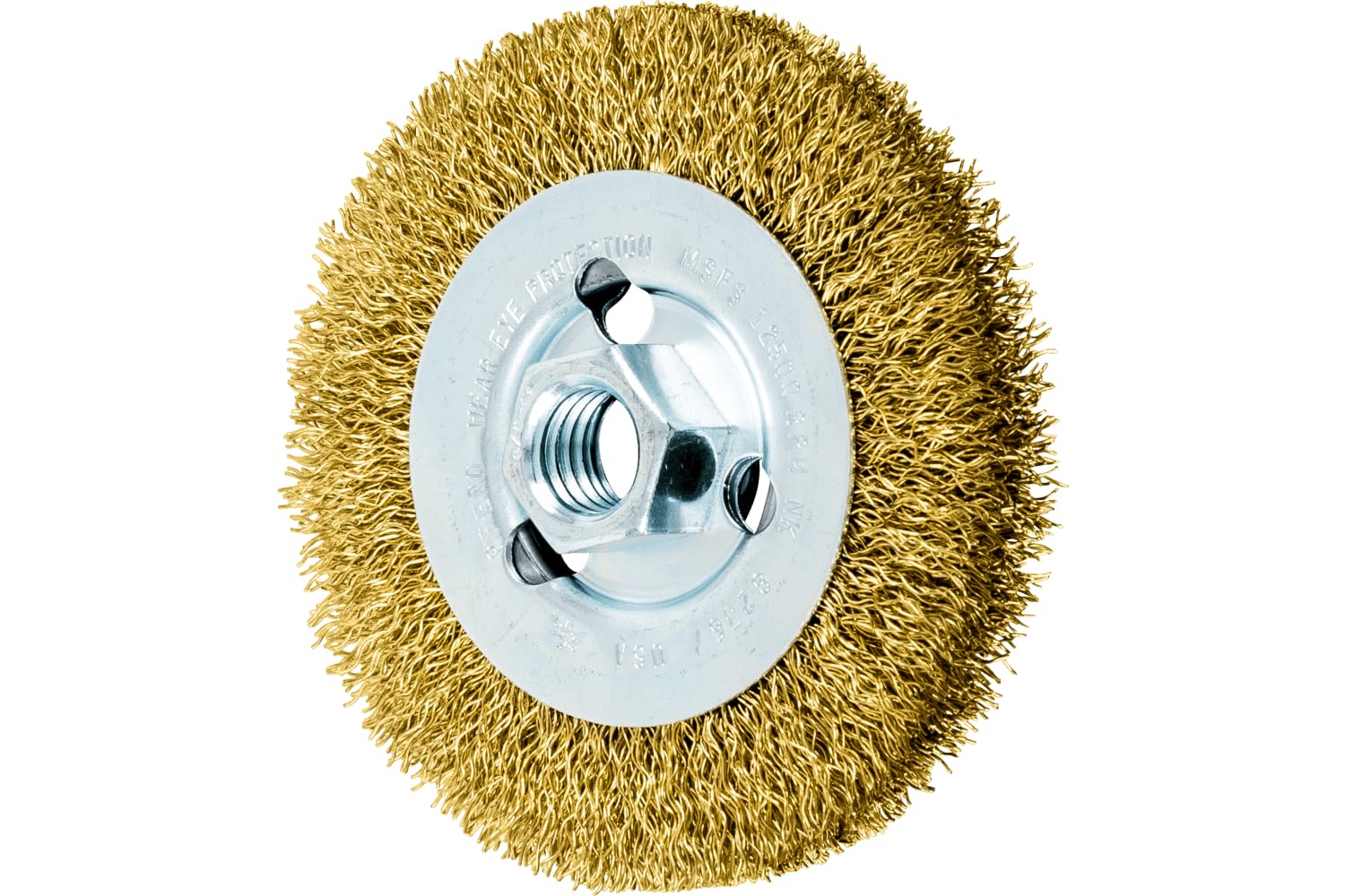 PFERD Crimped Wheel Brush - Brass Wire, 4" Diameter, 5/8-11 Thread, 0.012 Wire Size, 11/16" Trim Length, 1/2" Face Width, 12500 RPM - Ideal for Surface Preparation and Finishing - Part 82367