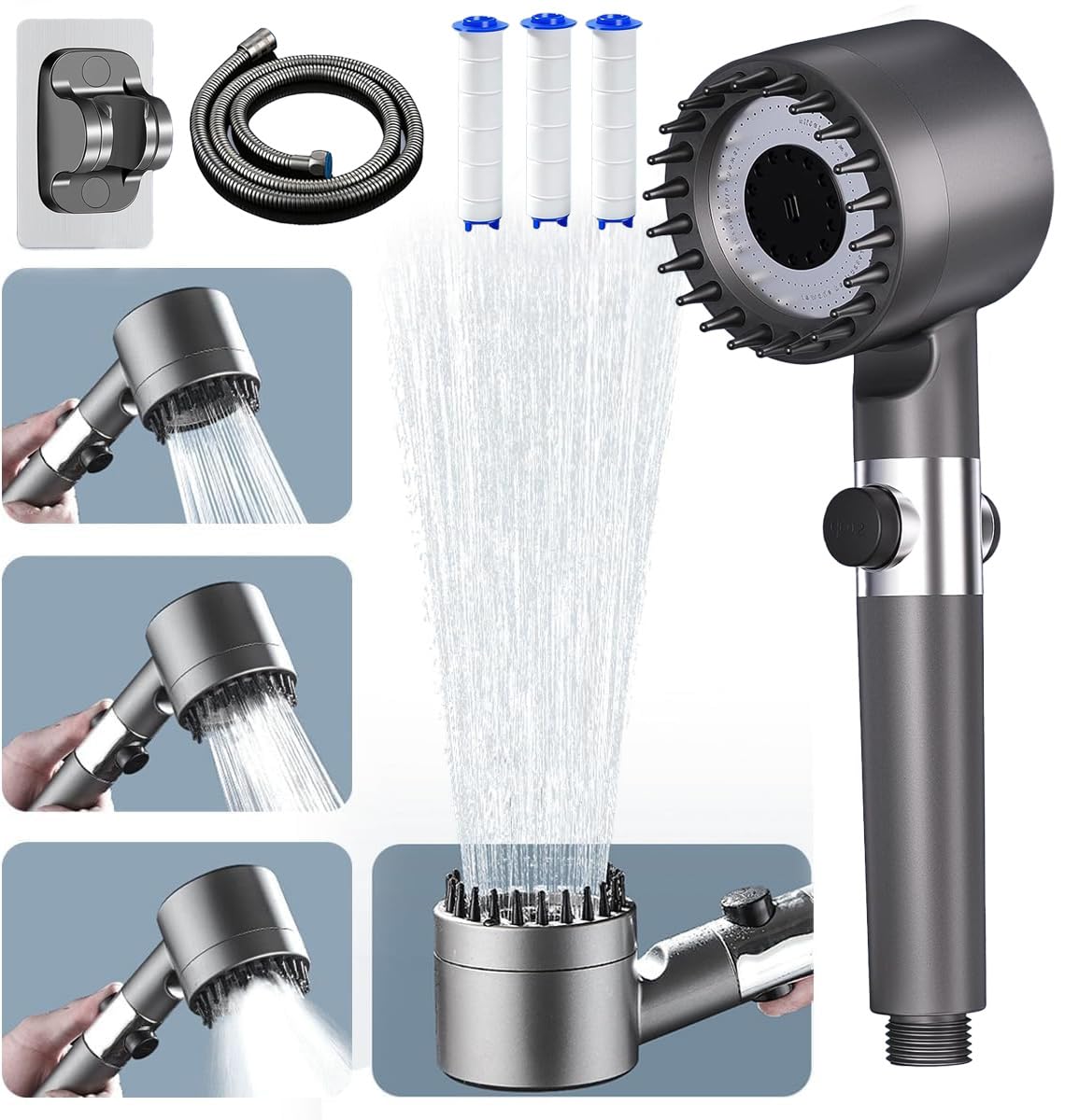 Duschkopf mit Schlauch,Handbrause mit 3 Carbon Duschfilter, Duschbrause mit 4 Strahlarten,Hochdruck brausekopf duschemit stoppfunktion und Filtration Gegen Kalk für Hartes Wasser,Rest-Chlor,Bakterien