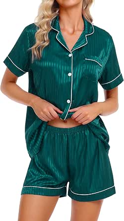 SWOMOG Women's Silk Satin Pajama Set - Button Down Sleepwear With Drawstring Pants