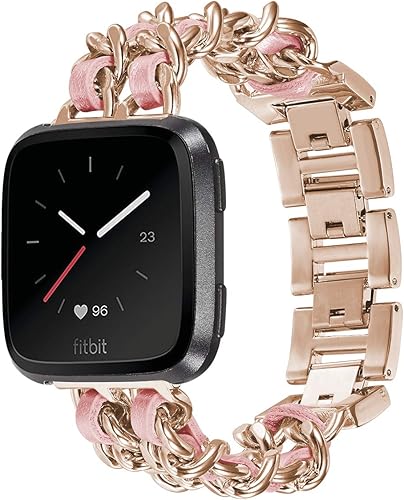 Miniatura 3 de Shangpule Bandas de metal de acero inoxidable compatibles con Fitbit VersaFitbit Versa 2Fitbit Versa Lite & SE, Pulsera de cuero hecha a mano,