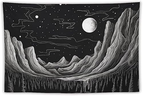 BAHELS Tapiz estético de noche estrellada en blanco y negro, decoración del hogar, luna, estrellas, naturaleza, montaña, decoración para colgar en
