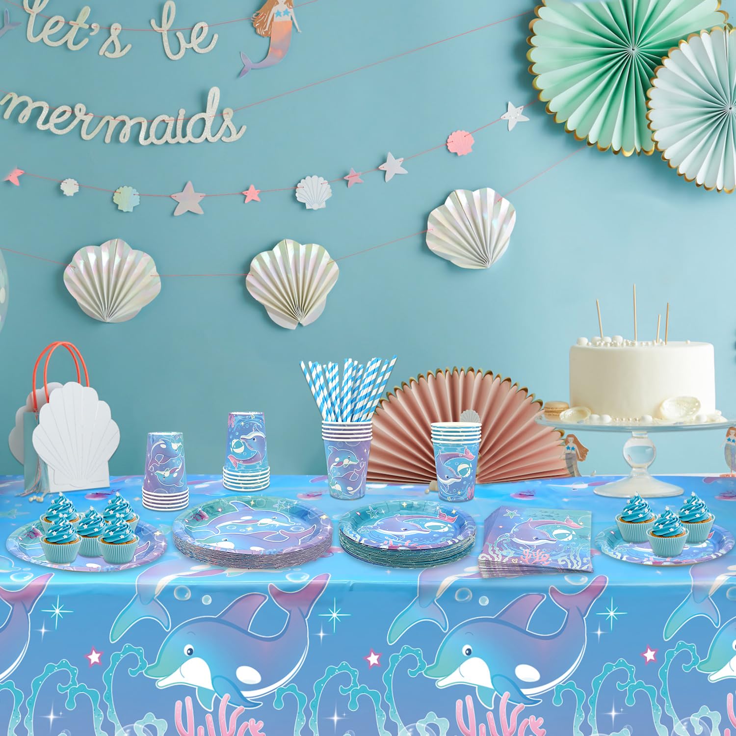 Forniture per feste a forma di delfino, include piatti, tovaglioli, tazze, tovaglie, decorazioni per feste a tema delfino, compleanno, baby shower