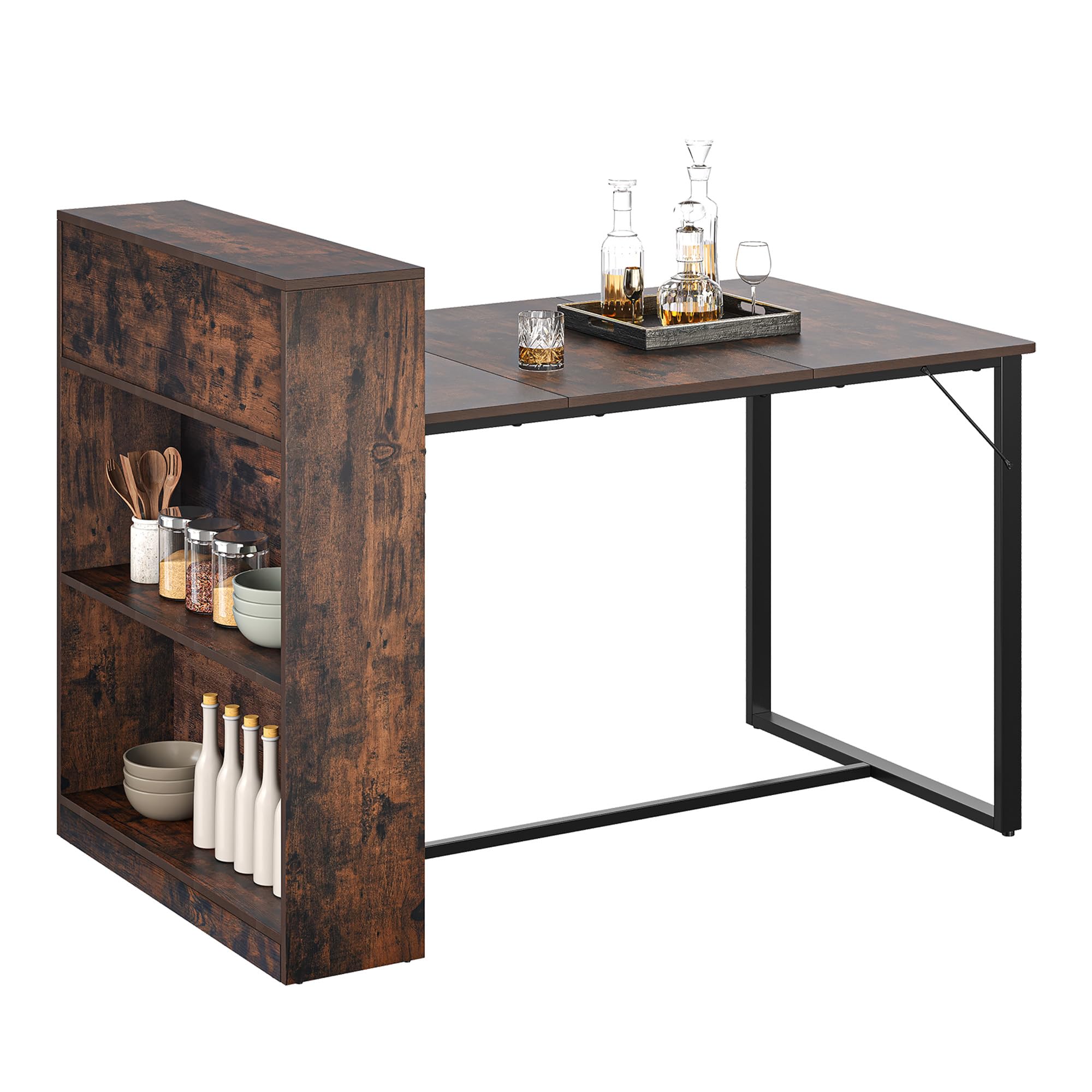 YITAHOME Dining Table with Storage Shelves, 130 x 77.4 x 75/95cm, Sturdy Metal Frame, Industrial Style, for Living Room, Kitchen, Rustic Brown and Black