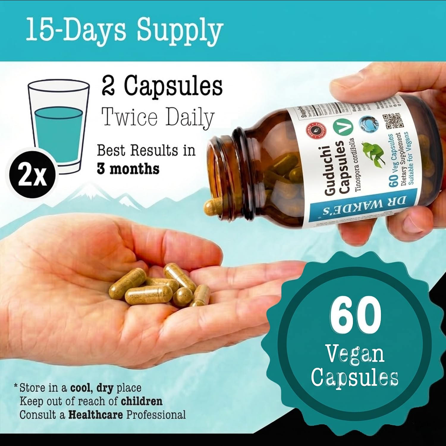 DR WAKDE'S Guduchi Kapseln – Giloy (Tinospora cordifolia) 500 mg | 60 Vegane Kapseln | Immunsystem & Wohlbefinden | 100% Reines Ayurvedisches Kräuterpulver | Ohne Zusatzstoffe | Vegan & Vegetarisch