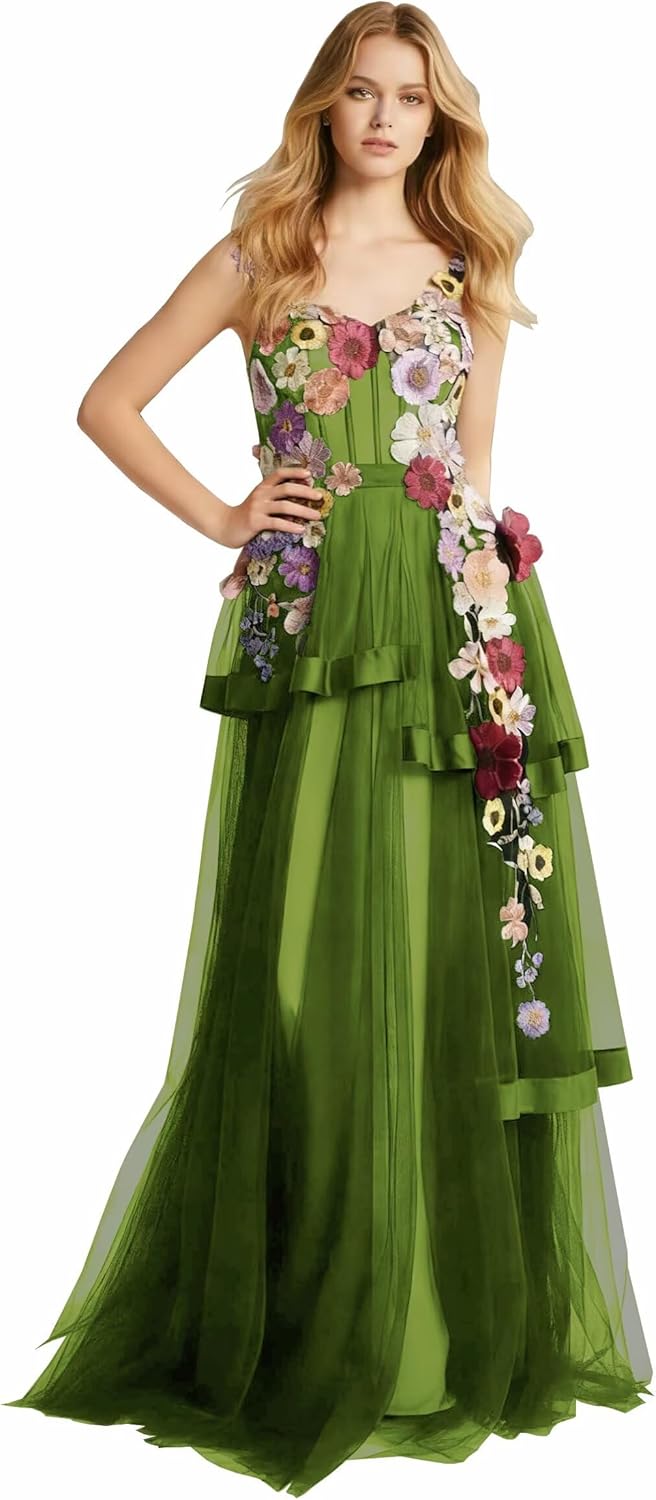 3D Floral Applique Prom Dresses for Women Spaghetti Strap Flower Embroidered Wedding Formal Evening Gown