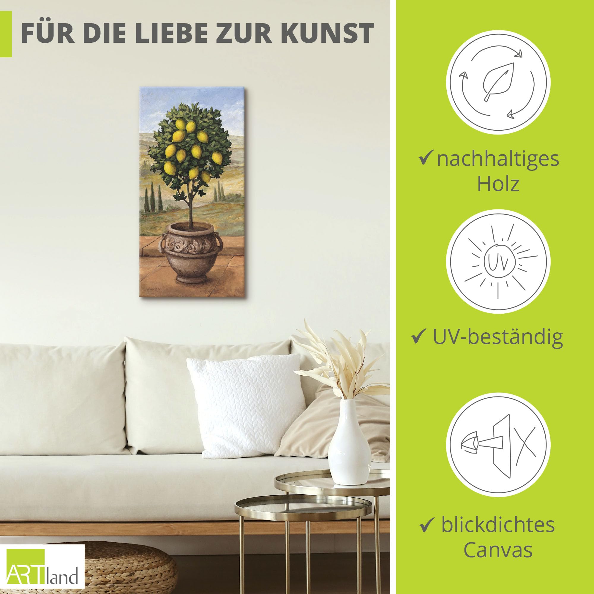 ARTLAND Wanddeko Leinwand Bilder Wandbild 50x100 cm Toskana Zitrone Baum Italien Landschaft Mediterran Botanik Terracotta T4MN