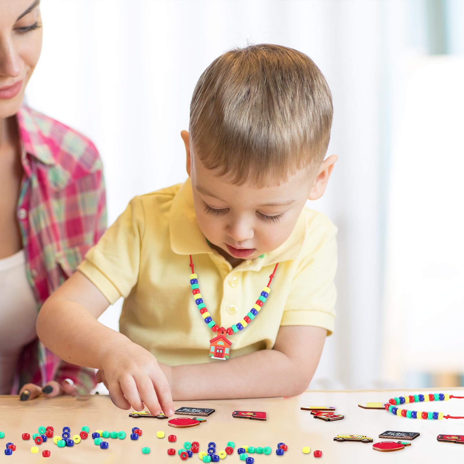 Equsion 24 Sets Back to School Bead Necklace Crafts Kit Welcome First Day of School Craft Gifts for Kids Apple Bus Shape Beads DIY Necklace Supplies Party Favor - Image 4