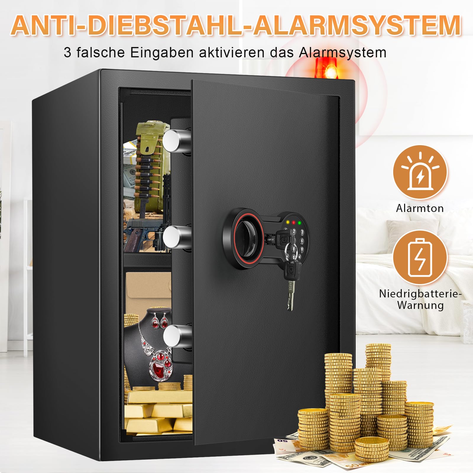 70L Großer Safe Tresor, Digitale Tresore mit Schlüssel, Alarmsystem und Abnehmbares Regal, Möbeltresor für Zuhause, Geld, Dokument and Wertgegenstände