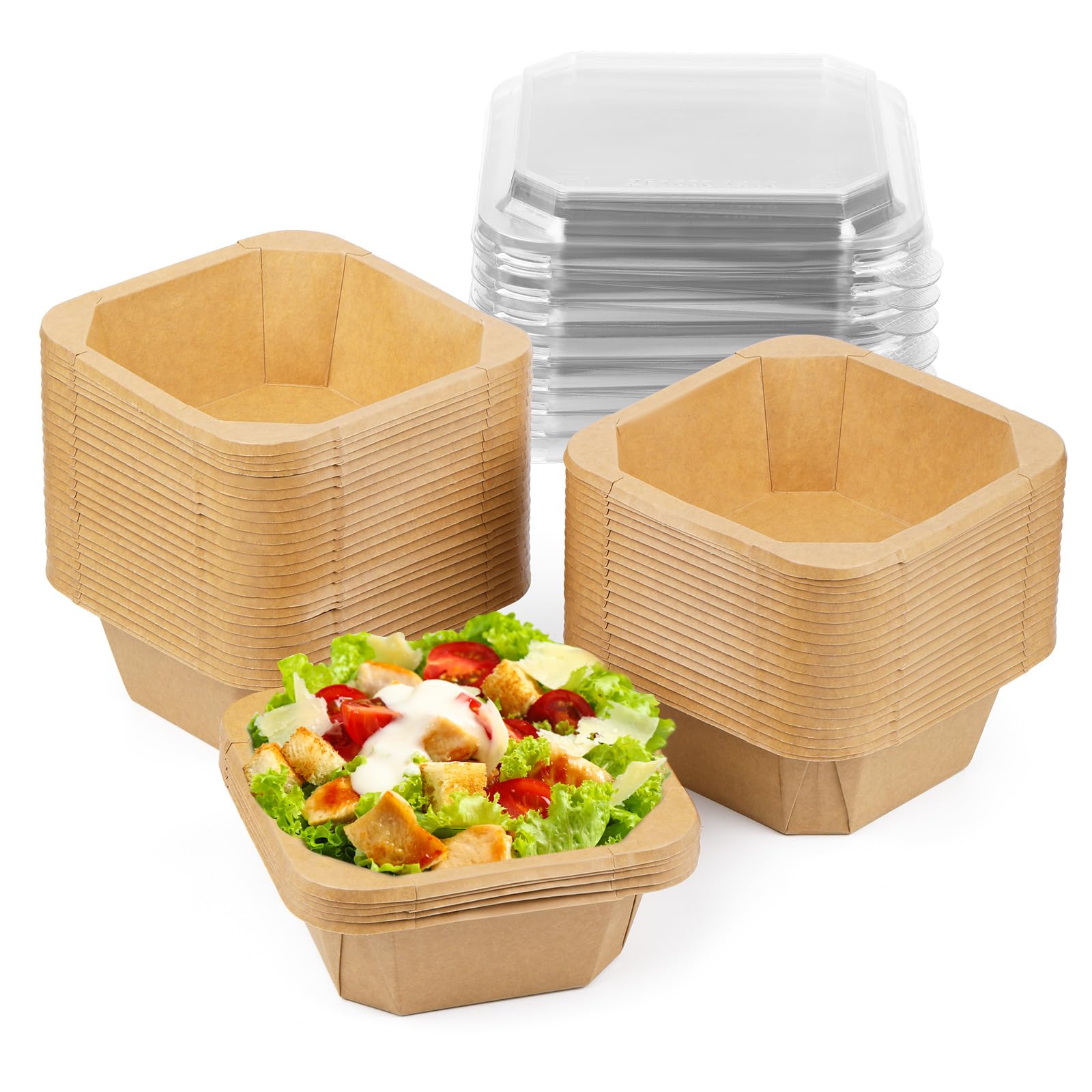 Paquete de 50 recipientes desechables de papel para ensalada de 25 onzas, recipientes desechables octogonales con tapas transparentes, cuencos de ensalada de papel con tapa adecuados para ensalada de