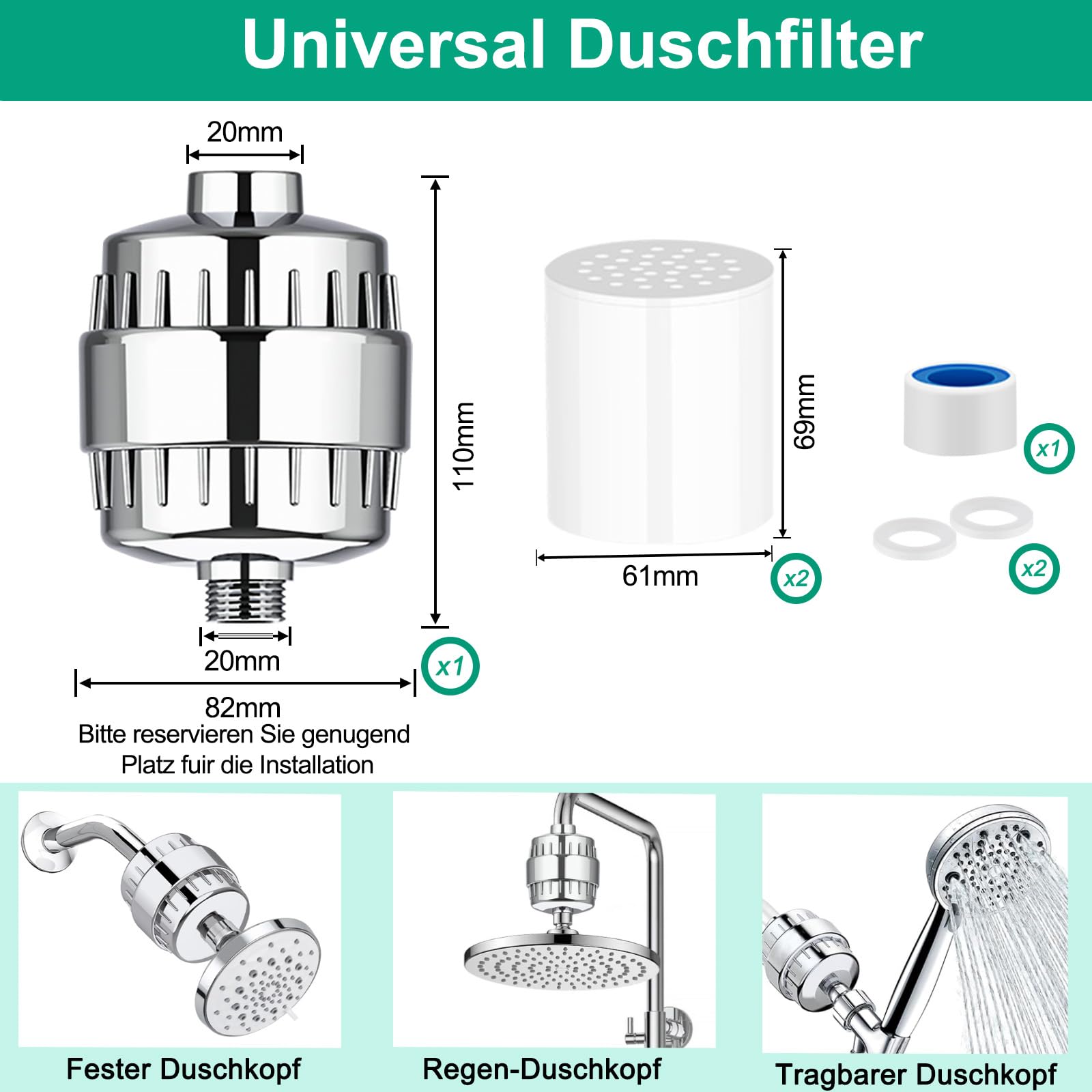 36 Stufen Duschfilter mit Vitamin C E für Hartes Wasser, Duschkopffilter Kalkfilter Dusche mit 2 Filterpatrone zur Entfernung von Chlor und Schwermetallen, verbessert Haut- & Haargesundheit