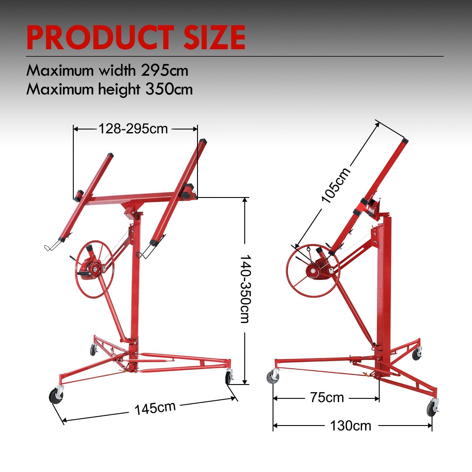 CCLIFE Plattenheber Klappbar XXL Trockenbau Rigips bis 68kg 140-350cm | Klappbarer Plattenlift mit 3 feststellbaren Rädern, Hubhöhe 140–350cm, max. 68kg Traglast, rote Ausführung für Rigipsarbeiten