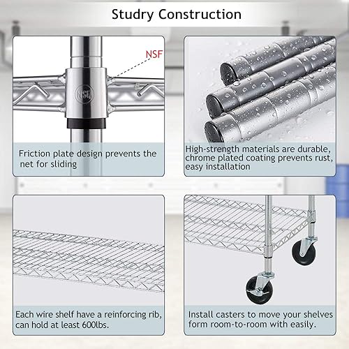 Miniatura 3 de Estantería de alambre resistente de 6 niveles, estante de almacenamiento ajustable sobre ruedas, capacidad de peso de 6000 libras, estantes de
