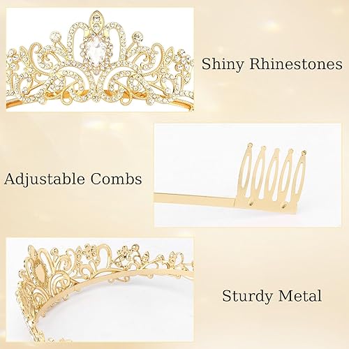 Miniatura 2 de Didder - Diadema con corona de tiara de cristal dorado. Elegante corona con peines para princesa, para mujeres y niñas, ideal para novias, bodas