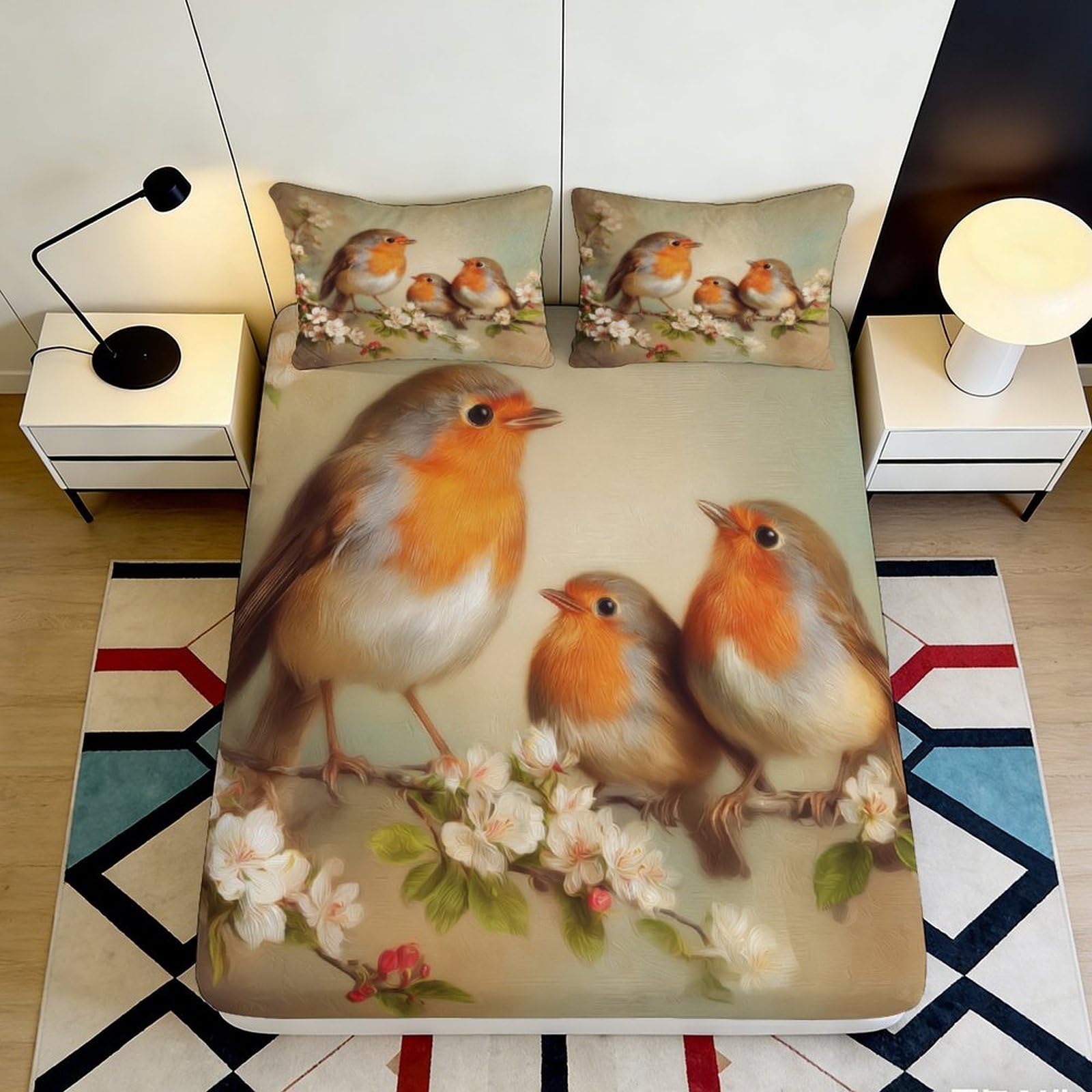 3D Printed Robin Birds Fitted Sheet Microfiber Soft Breathable Spring Blossom Bed Cover for Bedroom Dormitory Guest Room Mattress Protection 120x200x25cm