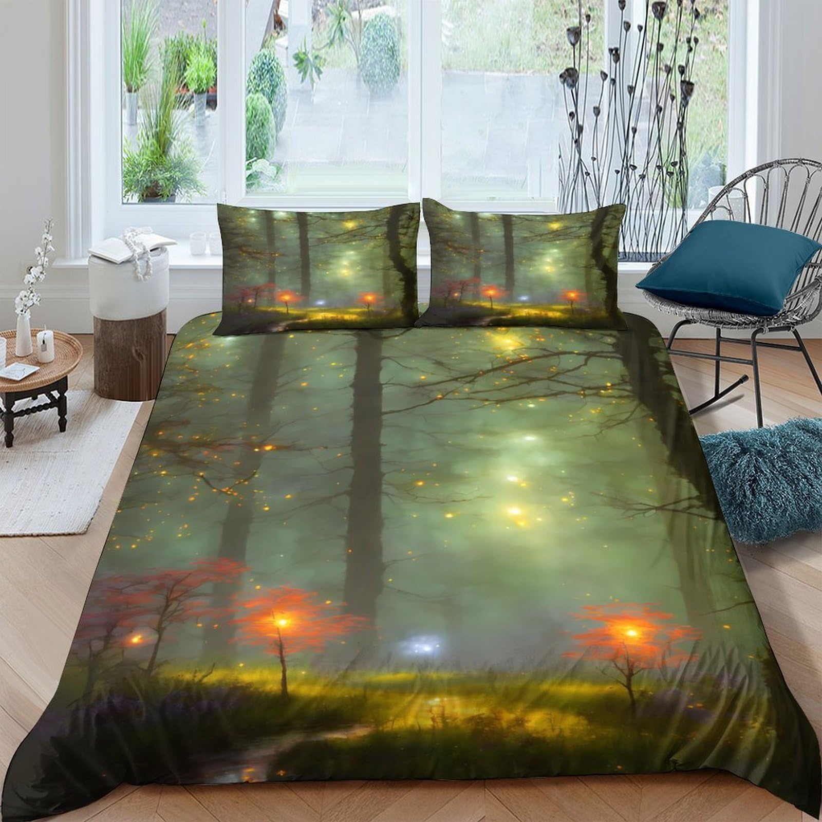 Ctjqhvkz Style-4 3D Printed Misty Forest Fitted Sheet Microfiber Soft Green Lights Bed Cover For Bedroom Guestroom Home Decor Single（135X200cm）