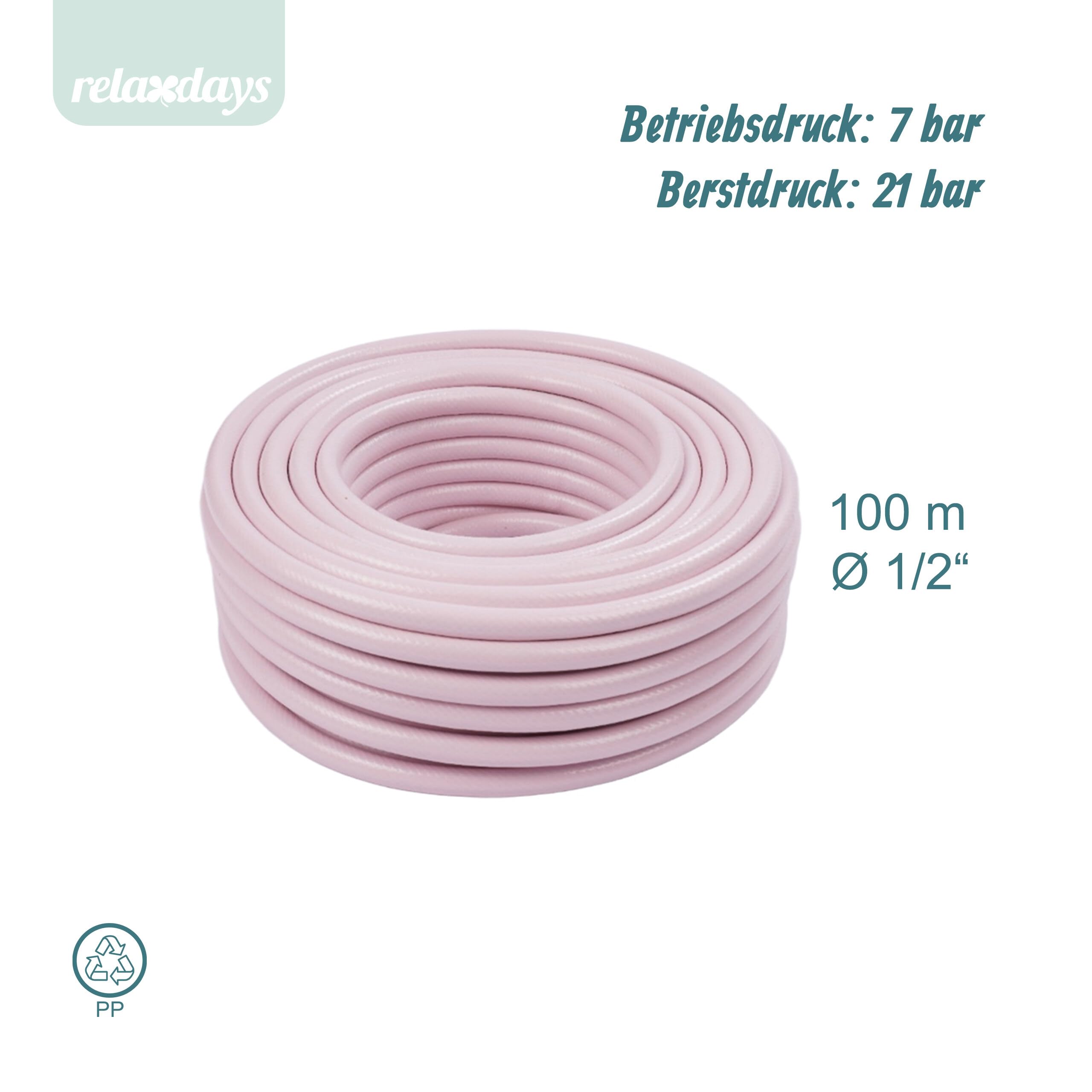 Relaxdays Gartenschlauch, 100 m, universeller Wasserschlauch 1/2", UV- & wetterfest, Gewebeschlauch Garten, PP, rosa