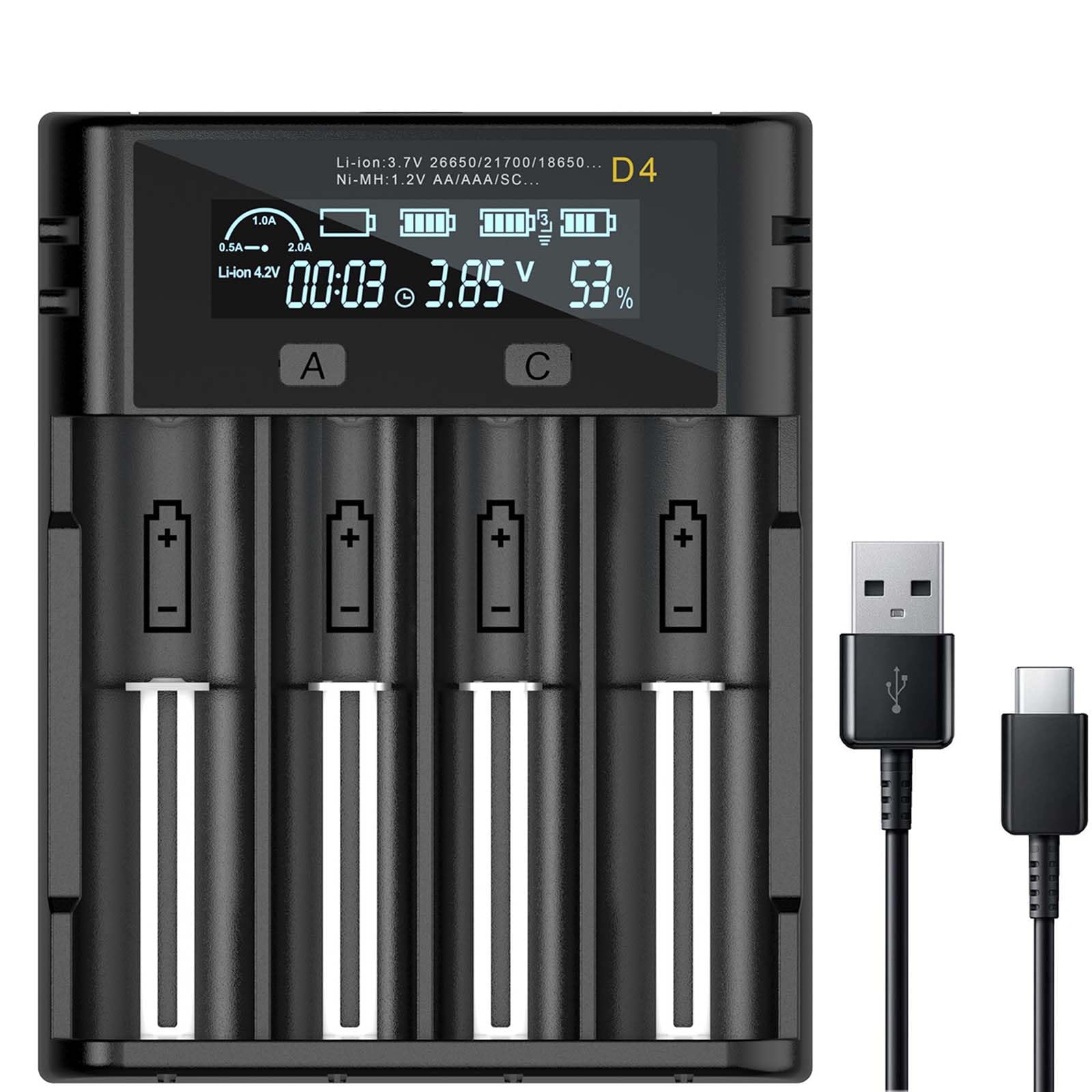 SEVENKA Universal Battery Charger, 4 Bay Battery Charger with Smart LCD Display Fast Charge for Rechargeable Batteries Li-ion LiFePO4 NI-MH NI-Cd AA AAA C 21700 26650 13650 16340 18350 18700 RCR123