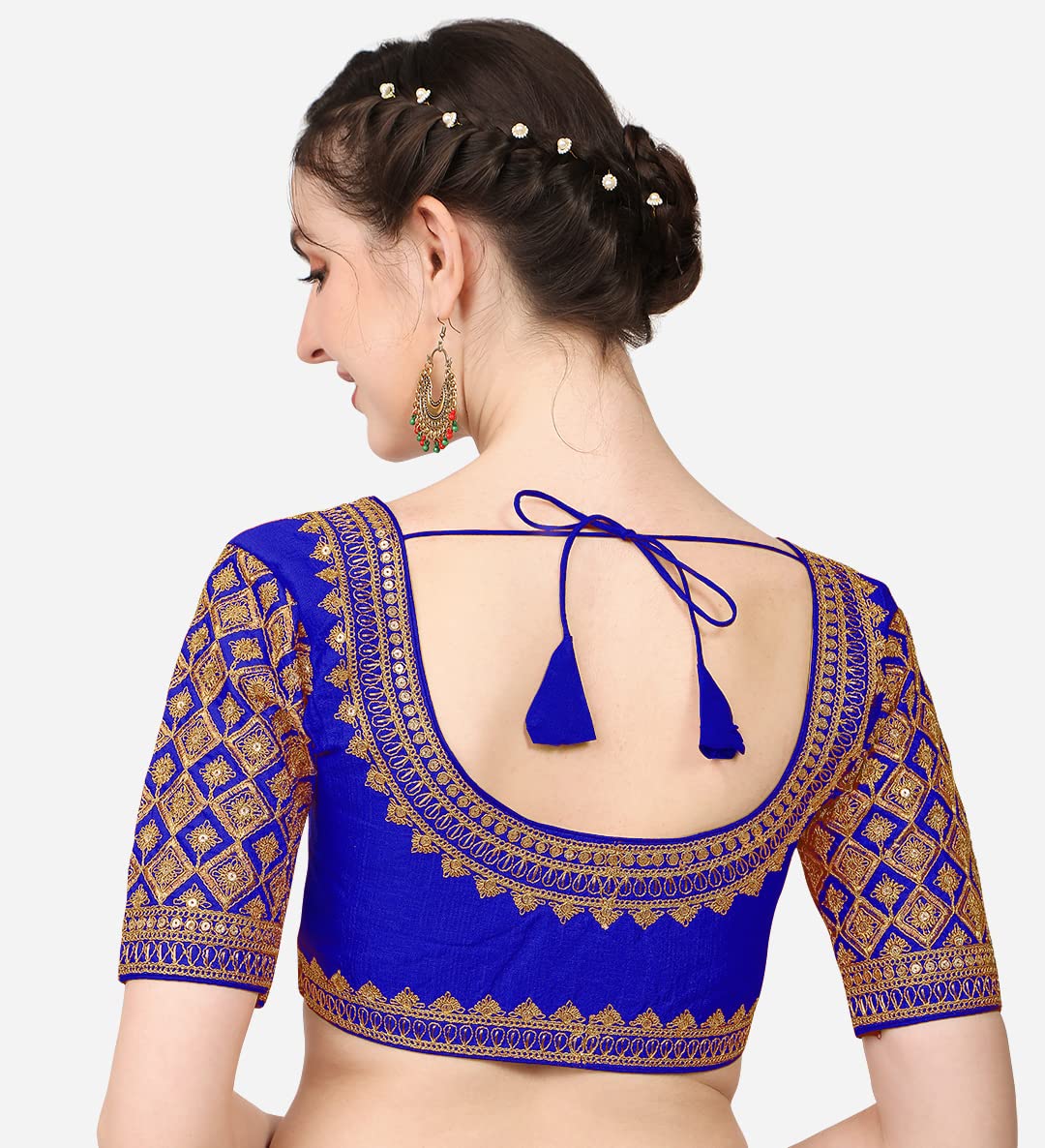 Pujia Mills Women's Silk Embroidery Half Sleeve Blouse (Simba 2 New Parent_Royal_38)