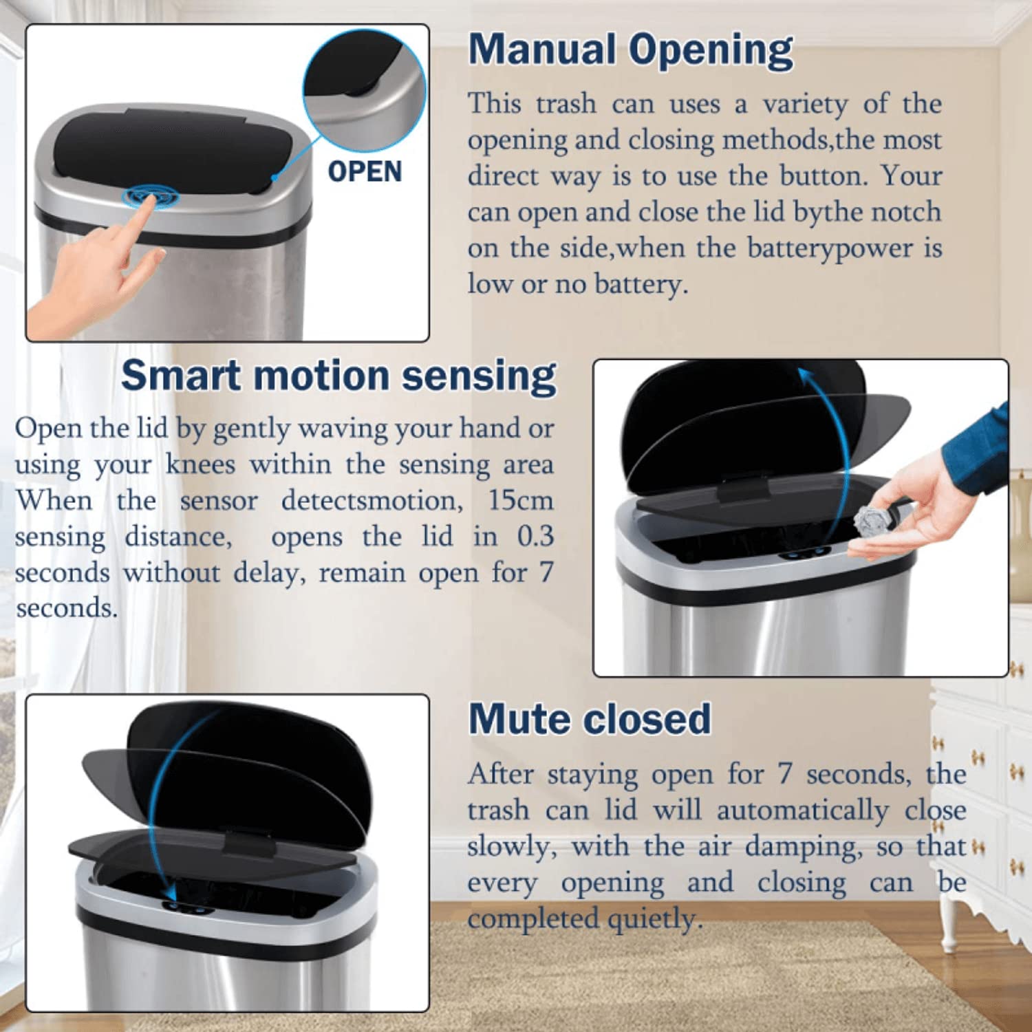 Images showing manual lid opening, smart motion sensing lid opening, and the lid closing quietly after 7 seconds.