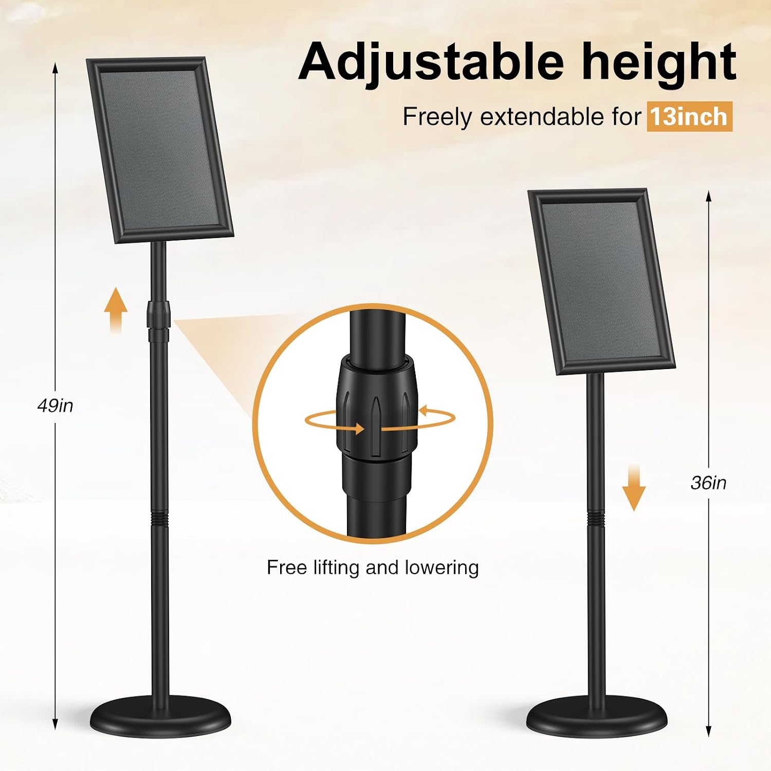 Hemndic Sign Stand Holder 8.5x11 Inches, Stand Up Sign Holder 8.5 x 11 with Rotated Frame, Height Adjustable Sign Stand and Snap-Open Frame
