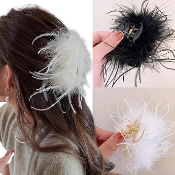 mdgfge Black White Ostrich Feather Hair Clip Hair Feathers Retro Elegant Hair Accessories for Women Girl Bridal Wedding Festival Valentine Birthday Party Supplies Decoration 2 Pcs