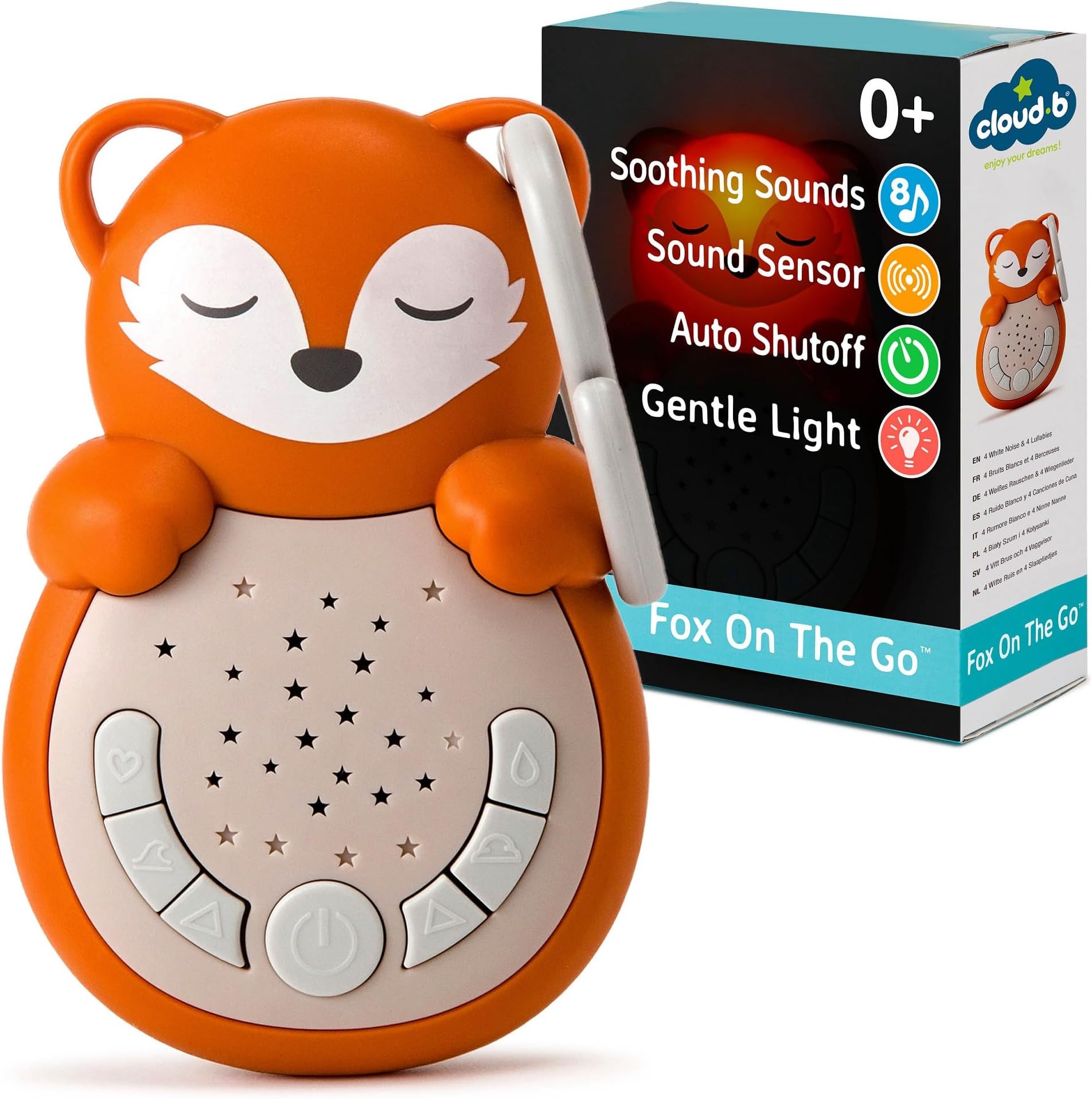 Cloud b Travel Comforting Sound Machine w/Calming Light | 4 White Noise and 4 Lullabies | Re-Activating Smart Sensor | Sweet Dreamz On the Go™ - Fox