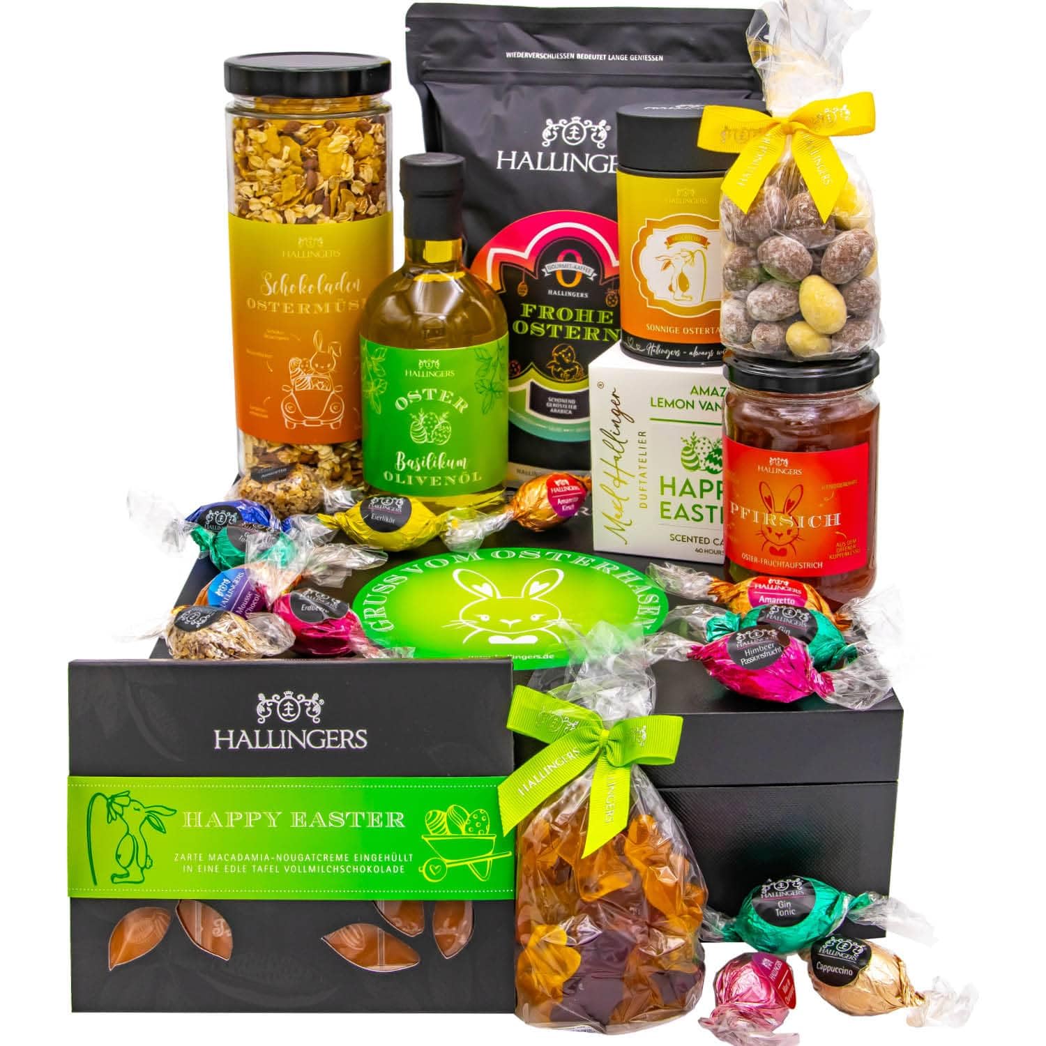 Hallingers Genuss Manufaktur Feinkost Oster-Geschenk-Set - XXL-Geschenkkorb "Gruß vom Osterh..." großer Ostergruß Ostereier, Müsli, Kaffee, Konfitüre, Olivenöl & mehr, Ostern Körbchen für Frauen