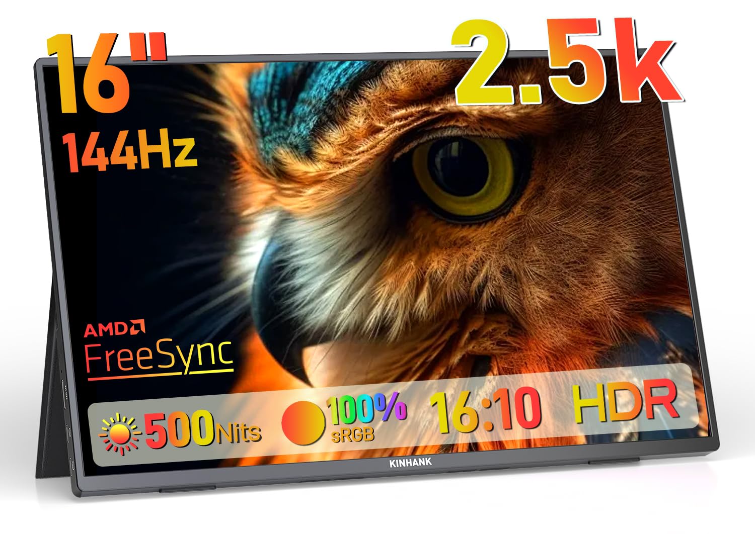 Kinhank 2.5K Pantalla Portátil, 144Hz | 16" | 500Nits | QHD | HDR | 100% sRGB, FreeSync, IPS Eye Care Monitor Portátil, Monitor Gaming para Laptop/PC/MacBook/Phones/Tablet/PS5/4/Xbox/HDMI/USB C