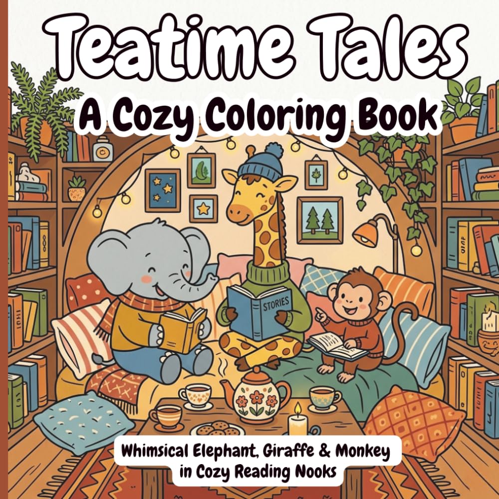 Teatime Tales: A Cozy Animal Coloring Book: Whimsical Elephant, Giraffe & Monkey in Cozy Reading Nooks