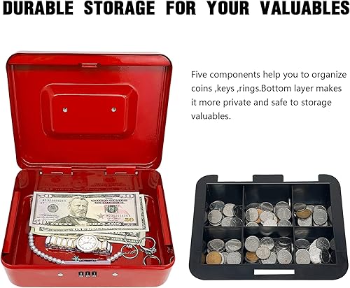 Miniatura 4 de Caja de efectivo de acero con cerradura de combinación, organizador de dinero pequeño de metal con bandeja de dinero extraíble, caja de