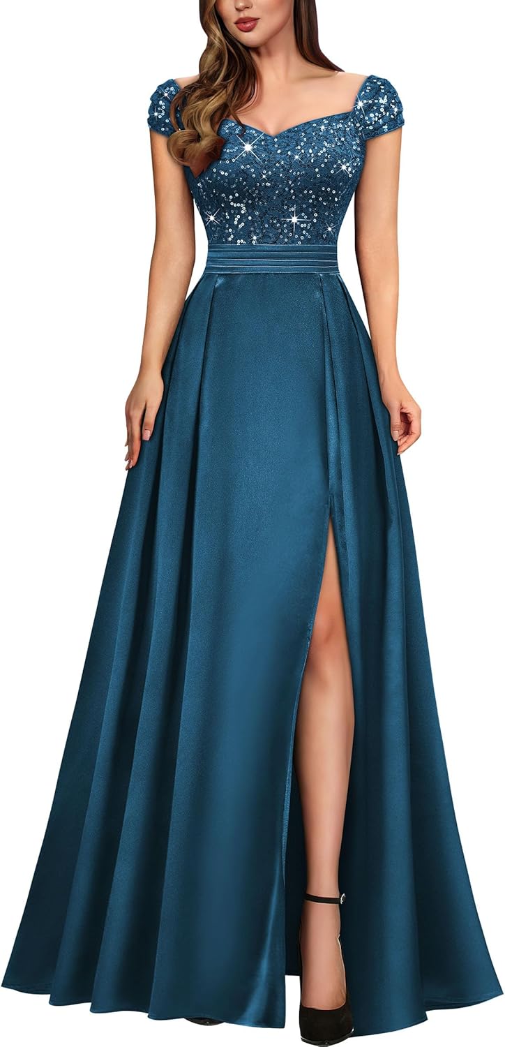 Miusol Women's Elegant V-Neck Sequin Lace Contrast Satin Split Bridesmaid Maxi Dress