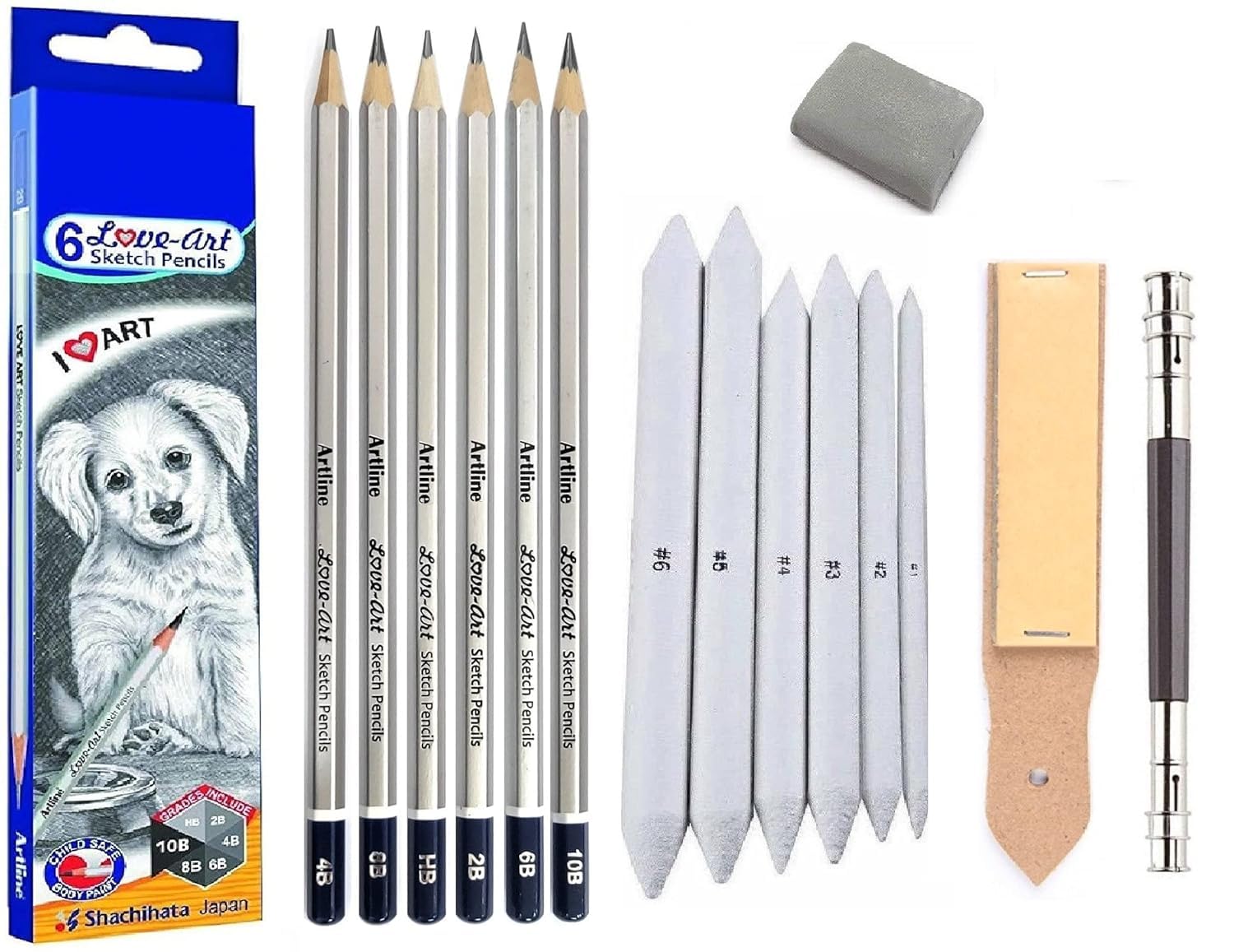 Craftacious Art Artline Set Of 6 Love-Art Sketch Pencil Blending/Smudging Stumps Set Of 6(Size 1-6) Sand Paper Pencil/Stump Sharpener 1 Kneadable Eraser 13Cm Pencil Extender