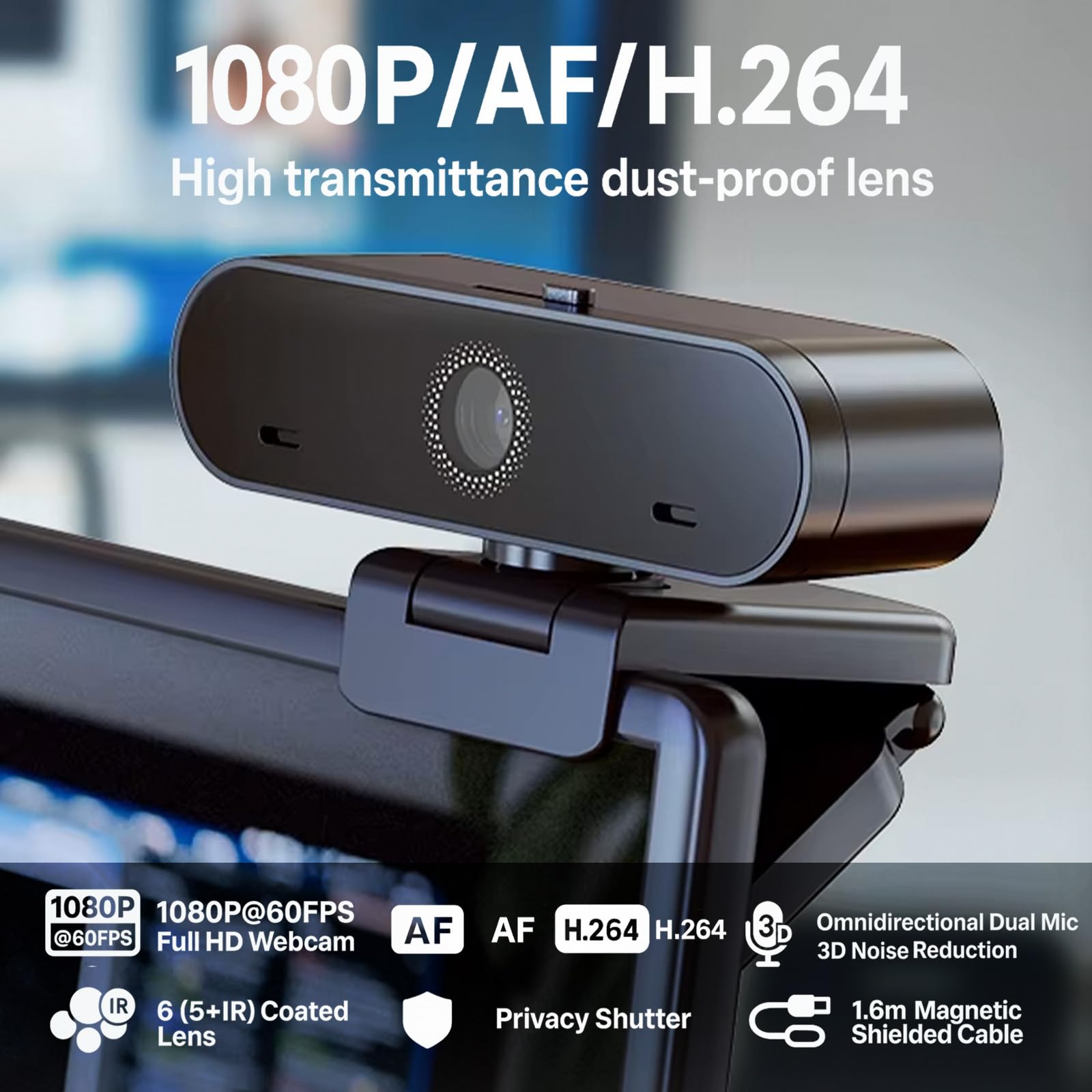 60FPS 1080P Live Streaming & Conference Webcam Dual Noise-Canceling Mics Autofocus HDR | Privacy Cover | H.264 USB & Play