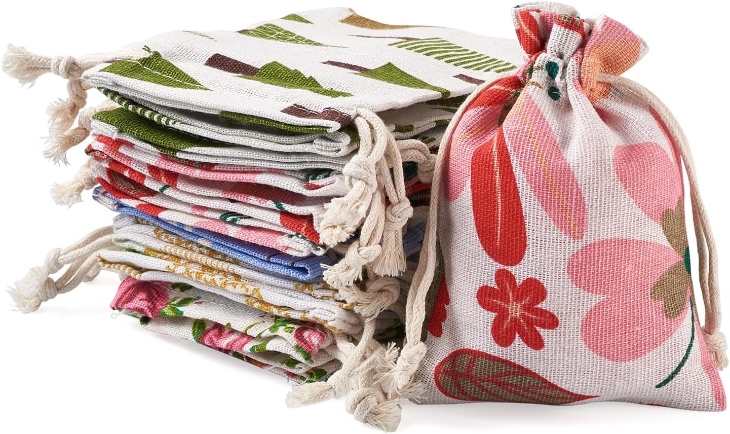 Magibeads 50Pcs Small Drawstring Gift Bags Leaf Flower Tree Cloth Sachet Bags Bulk Muslin Bags Drawstring Backpack Jewelry Bags for Wedding Party Favor Stationery