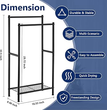 Free Standing Towel Rack, 2 Tier Towel Racks for Bathroom with Storage Shelves, Outdoor Standing Towel Drying Rack for Poolside, Black, DECLUTTR