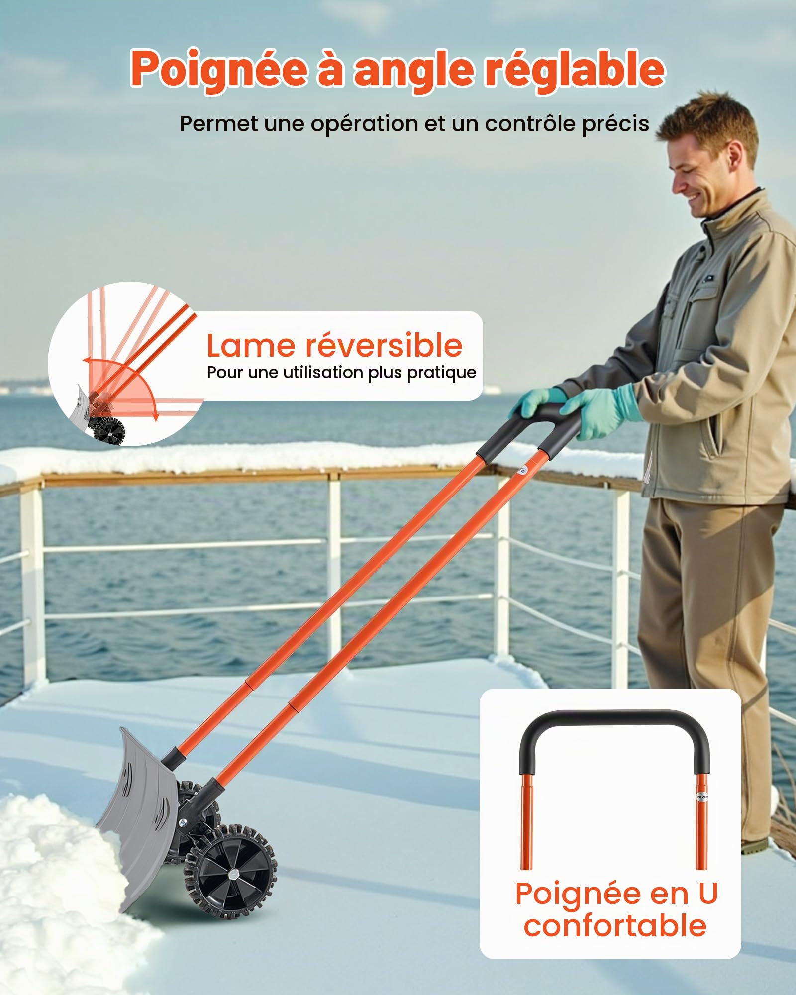 VEVOR Pelle à Neige sur Roues, 61 cm, Poussoir à Neige avec Lame Bidirectionnelle, Manche Réglable 90°, Pelle de Déneigement Métallique, Pousse-Neige Portable pour Nettoyage, Entrée, Allée, Chaussée