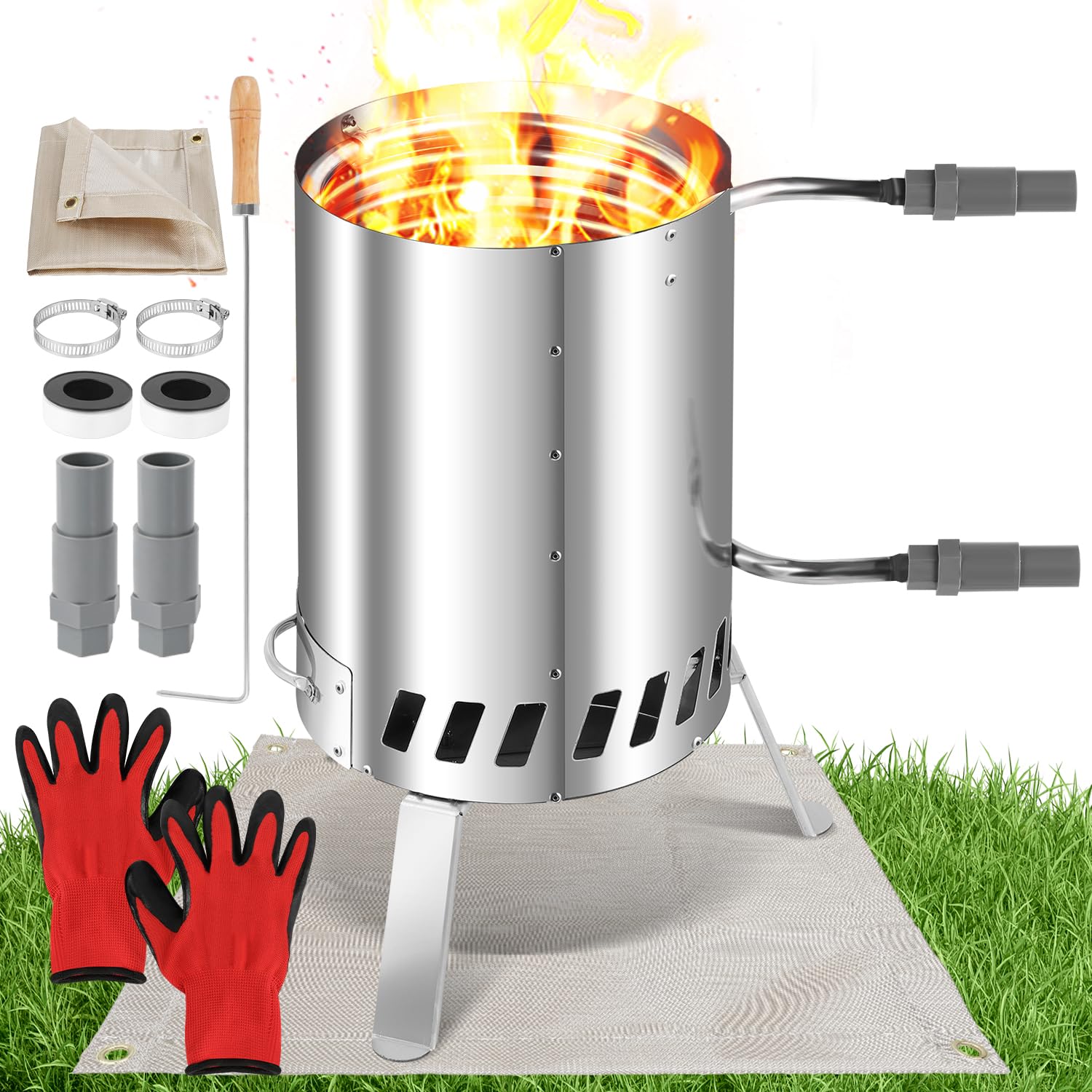 Gimisgu Calefacción para piscina de leña, calefacción de piscina con fuego, calentador de piscina, barril de fuego de acero inoxidable, cubo de fuego climatizado, 32/38 mm, conectores 100% de acero