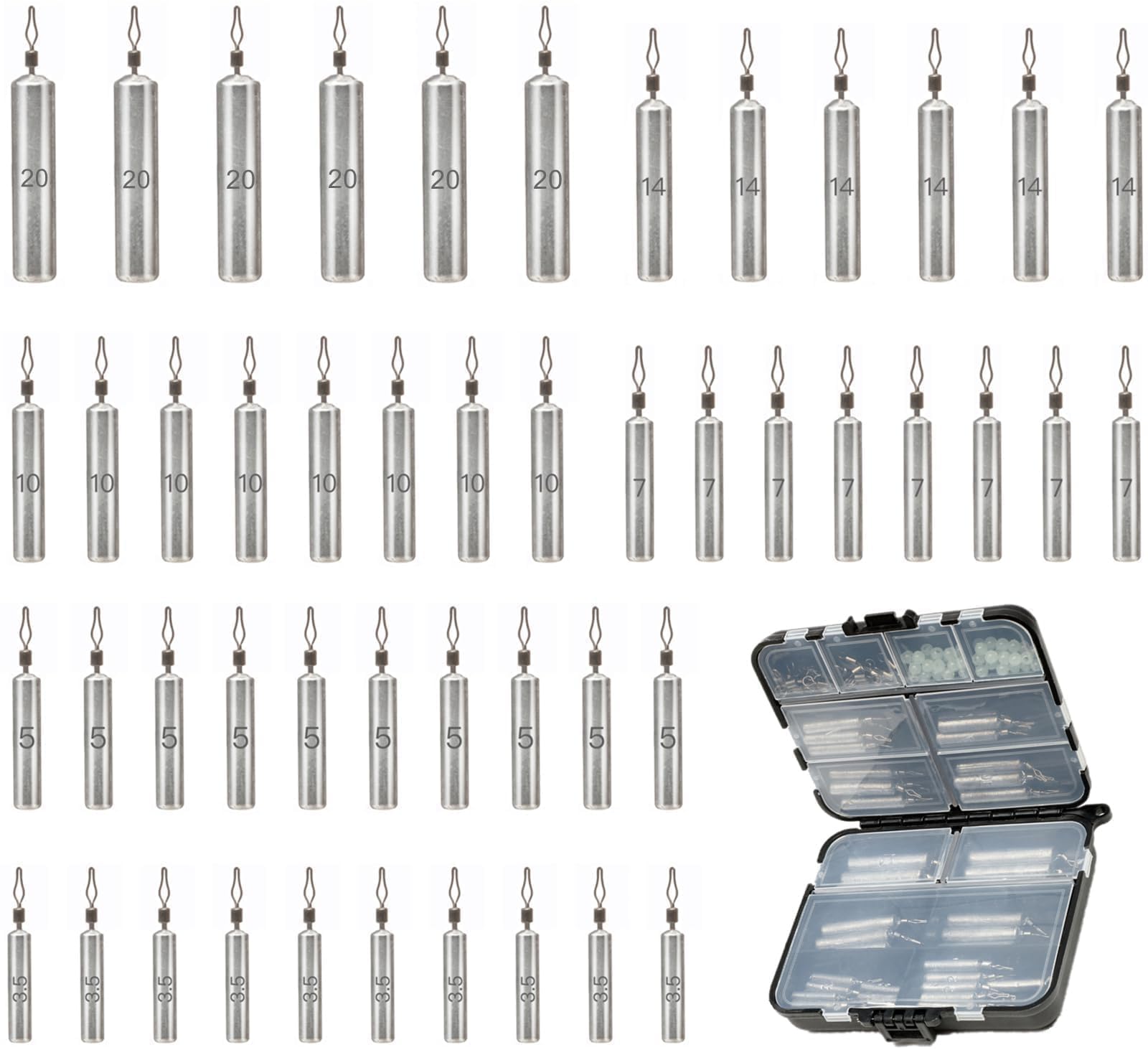 FINOSEAK 48Pcs Drop Shot Weights Set, Slim Pencil Style Lead Fishing Weights Sinkers Kit for Dropshot Rigging 6 Sizes Assorted with Barrel Swivel and Rig Beads