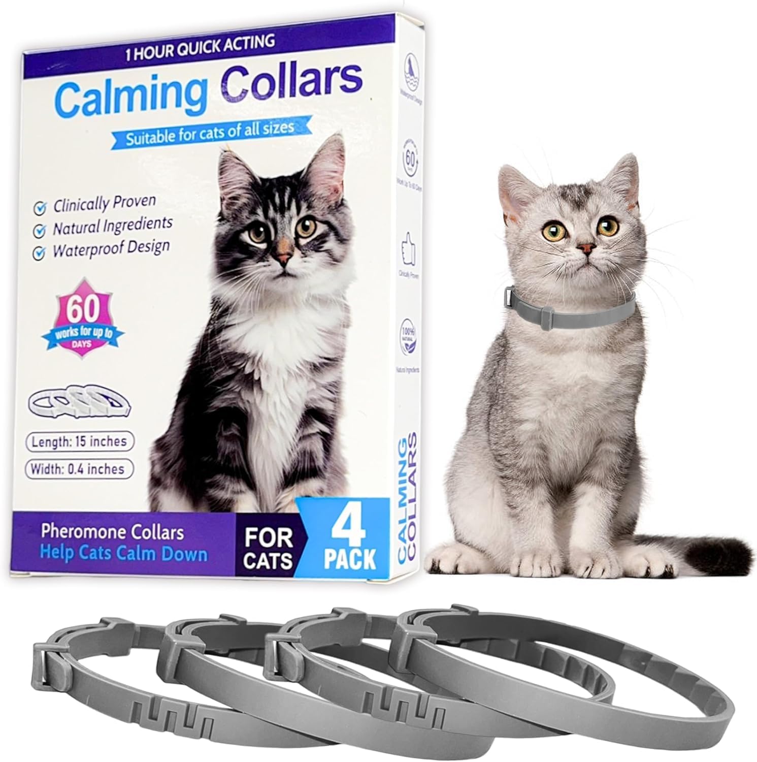 4 Pack Calming Collars for Cats - 60 Days Anxiety & Stress Relief, Adjustable Pheromones for Continuous Calming
