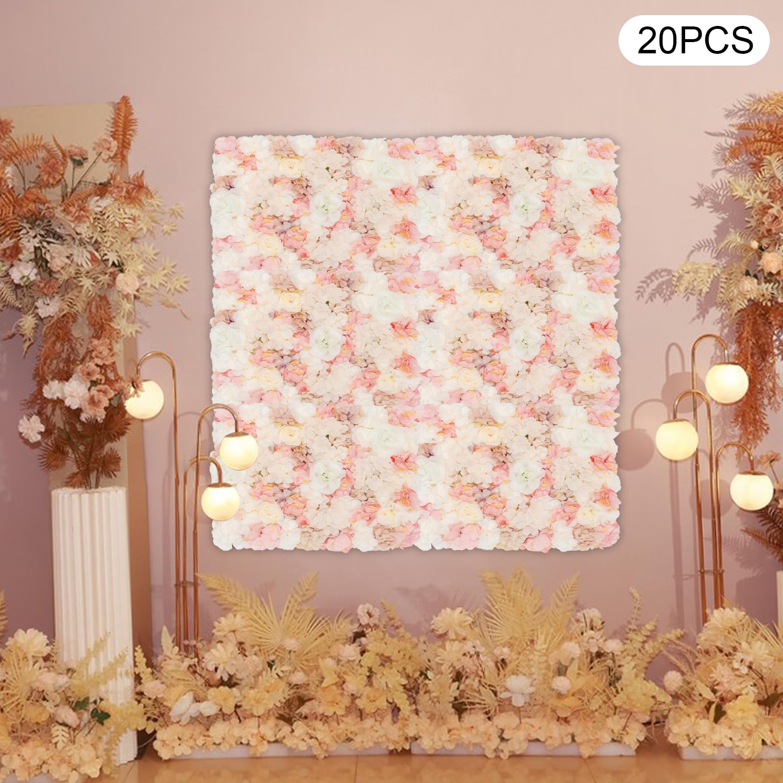 Blumenwand künstliche Blumen Wandpaneel Blumenkulisse, 20 Stücken Wanddekorationskulisse (Dahlie+Rosen + Hortensie) 60 * 40cm - Weiß, Rosa