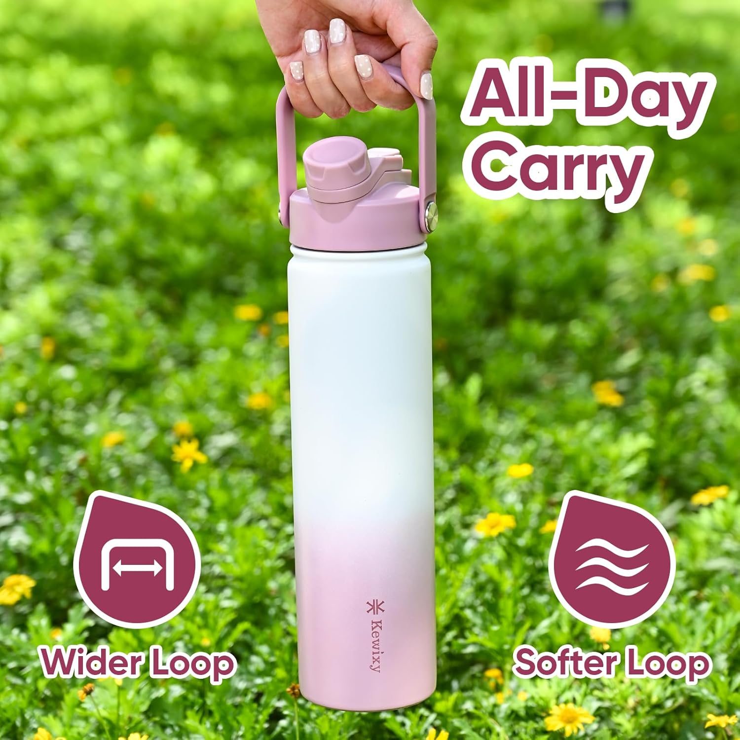 24 oz Insulated Water Bottle, 2-in-1 Lid, Straw & Spout with Protected, Leak Proof, Keep Cold, Stainless Steel, Metal, Reusable, Handle, for Travel, Gym and School, 2 Lids, Iced Plum - Image 6