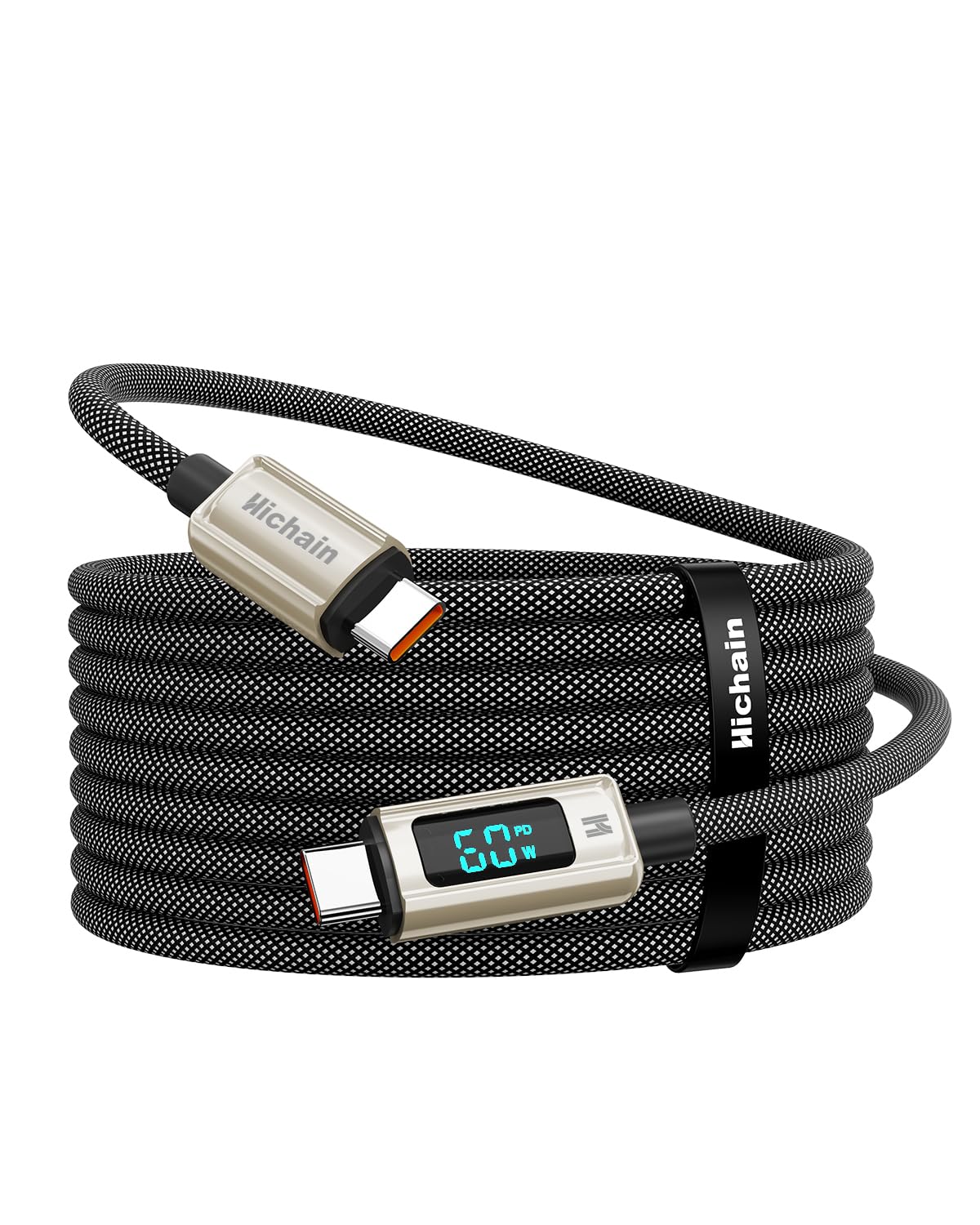 Hichain Cable USB C de carga rápida tipo C de 4 pies con pantalla LED, aleación de zinc plateado y nailon trenzado USB C a USB C para iPhone 17/16/15, MacBook, iPad Pro, Galaxy S24/S23