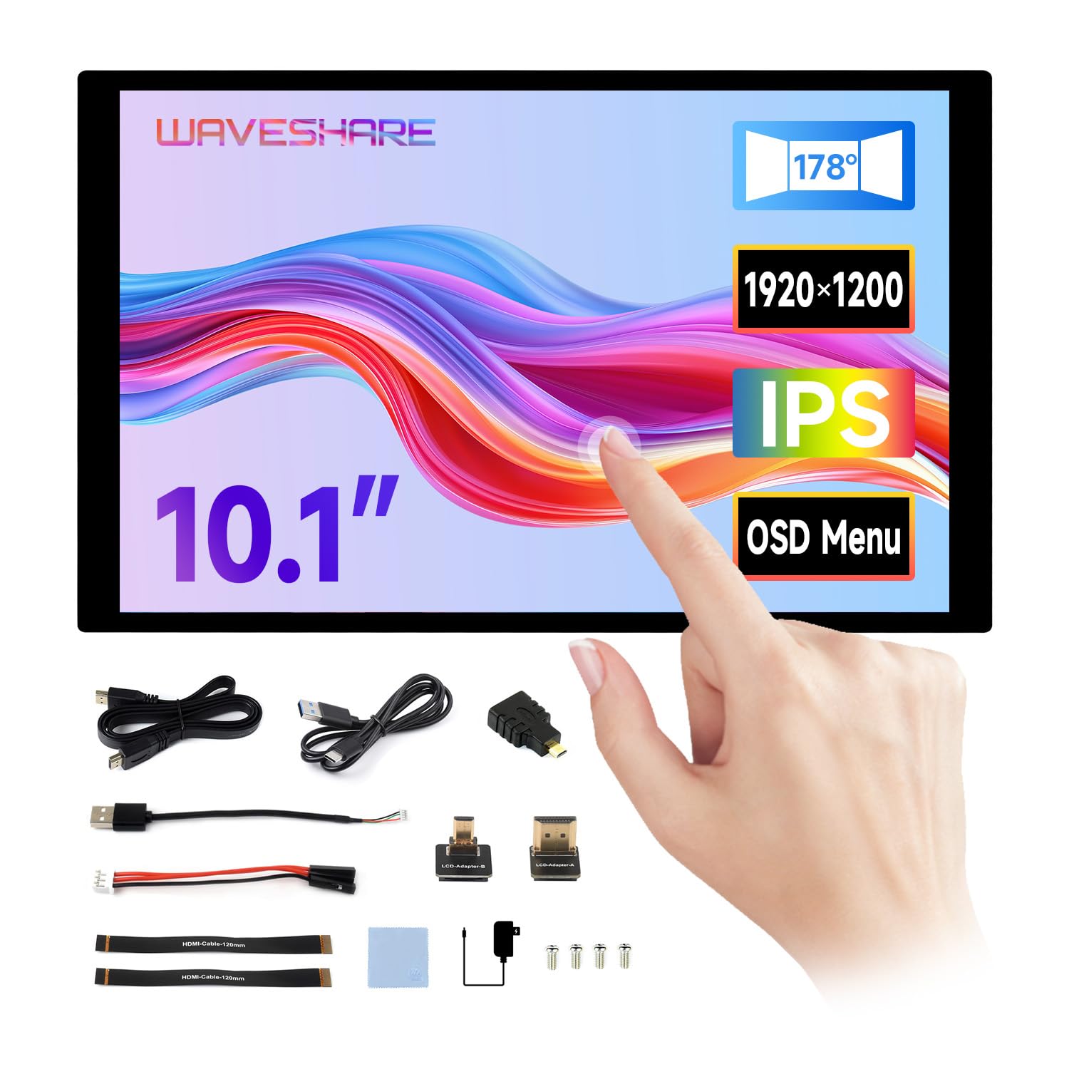 Waveshare 10.1inch High Resolution Capacitive Touch Display Compatible with Raspberry Pi 5/4B/3B/Zero/Zero W/Zero 2W/Pico/Pico, Supports Windows and Jetson Nano, 1920×1200 10-Point Touch IPS Display