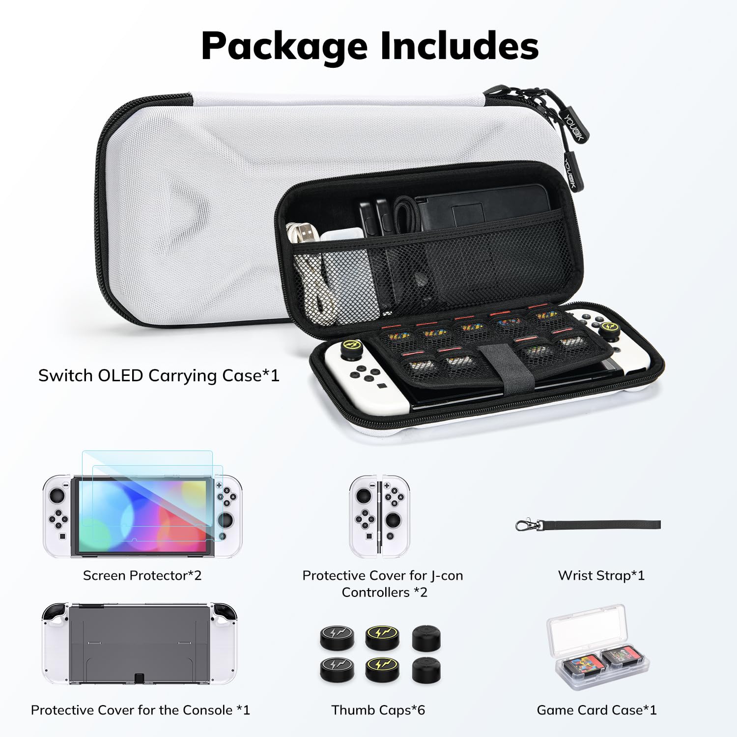 Younik Switch OLED Funda, Paquete de Accesorios OLED 14 en 1 con Estuche de Transporte Switch OLED, Accesorios Protectores para Consola Switch y J-con, Estuche para Tarjetas de Juego (Patrón Y)