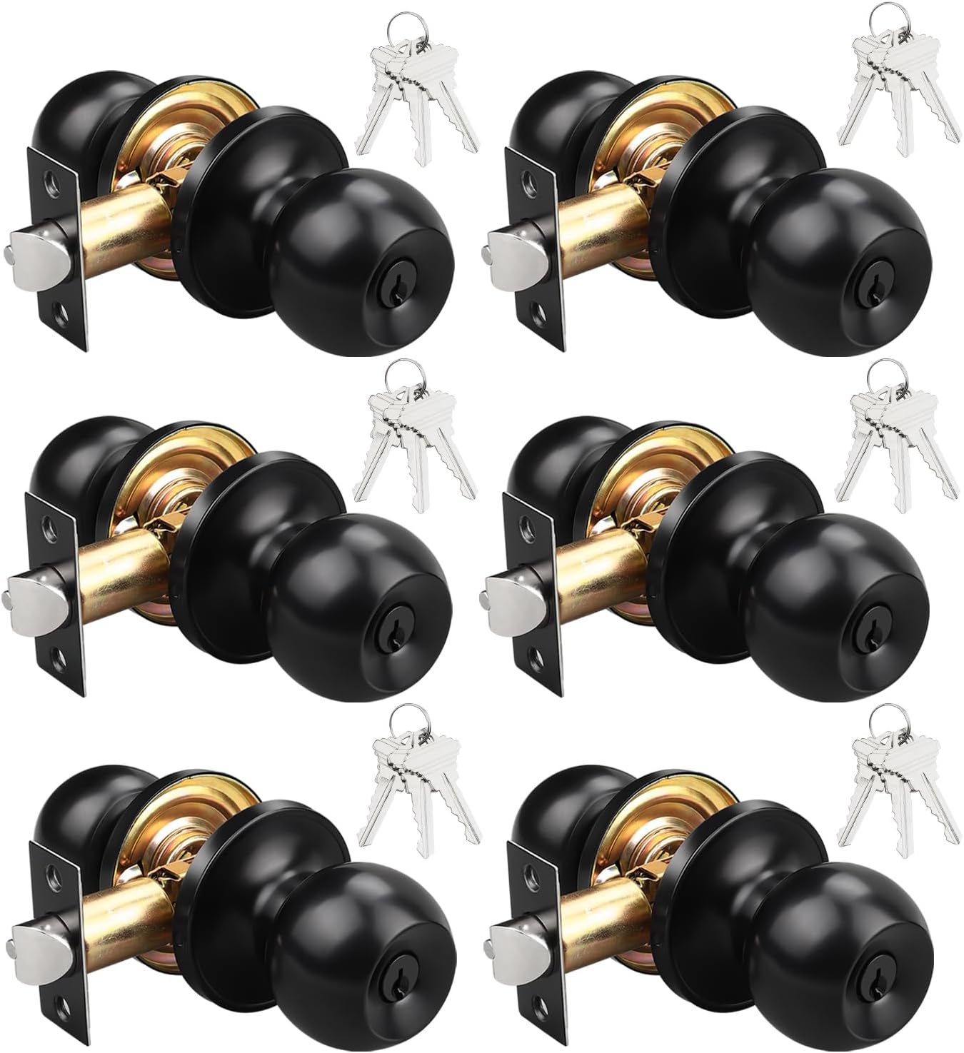 KNOBWELL 6 Pack Door Knob with Lock and Key (Keyed Alike), Keyed Entry Door Knobs Door Knob Lock, Exterior Door Knobs Front Door Knob with Matte Black Finish