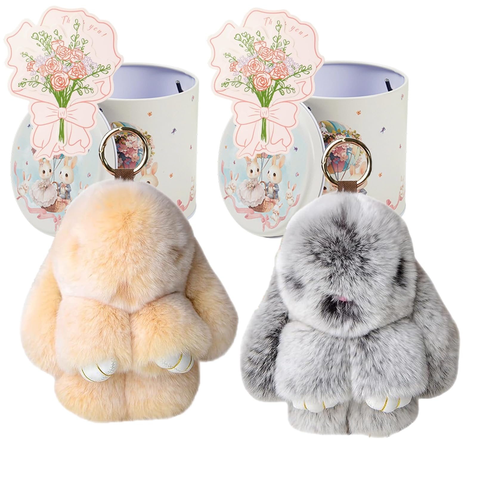 Yagerod Style7 Bunny Keychain With Tin Box, 2Pack Soft Plush Rabbit Key Ring, Cute Pompom Charm For Backpack, Handbag Ornaments (Style7)