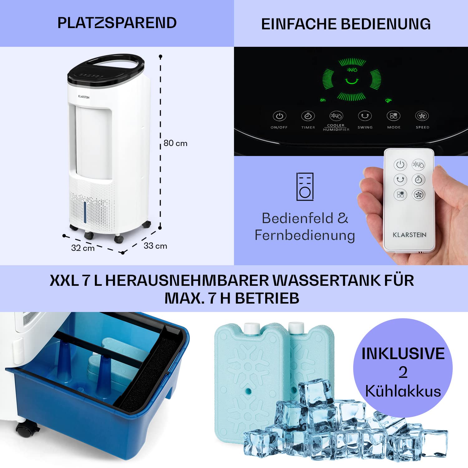 Klarstein Whirlwind - 3-in-1: Air Cooler, Fan, Humidifier, Air Circulation: 1600 m³/h, Water Tank: 5.5 Litres, Oscillation, 3 Speeds, 3 Operating Modes, Timer, Quiet, Antique White