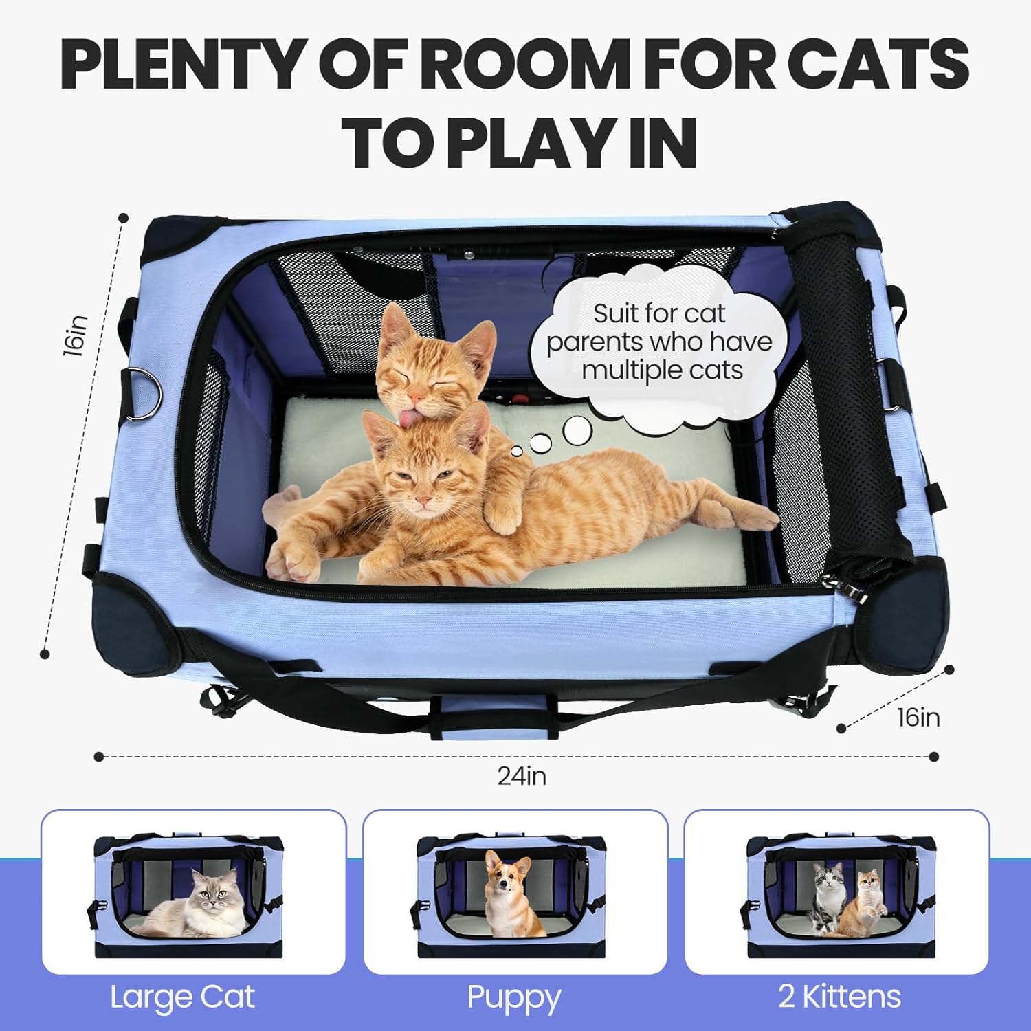 PEGIC Large Cat Carrier for Car Travel, Soft Sided Collapsible Pet Carrier for Outdoor and Indoor Uses, Roomy Extra Large Carrier for 2 Kittens, Large Cat or Puppies up to 50lbs (Blue)